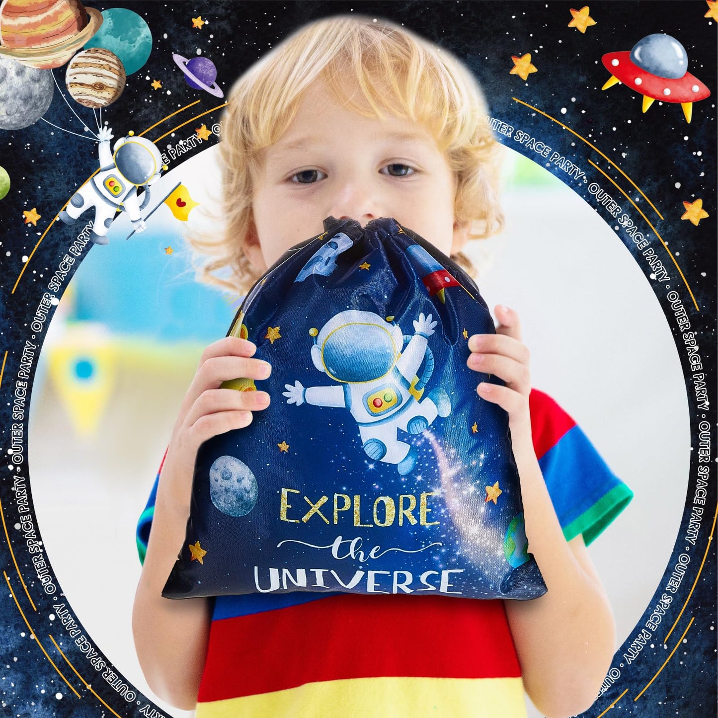 Paterr 12 Pcs Outer Space Party Favors, Astronaut Drawstring Backpack for Kids, Reusable Birthday Astronaut Return Goodie Bags, Galaxy Space Gift Bag for Baby Shower Supplies Candy Treat