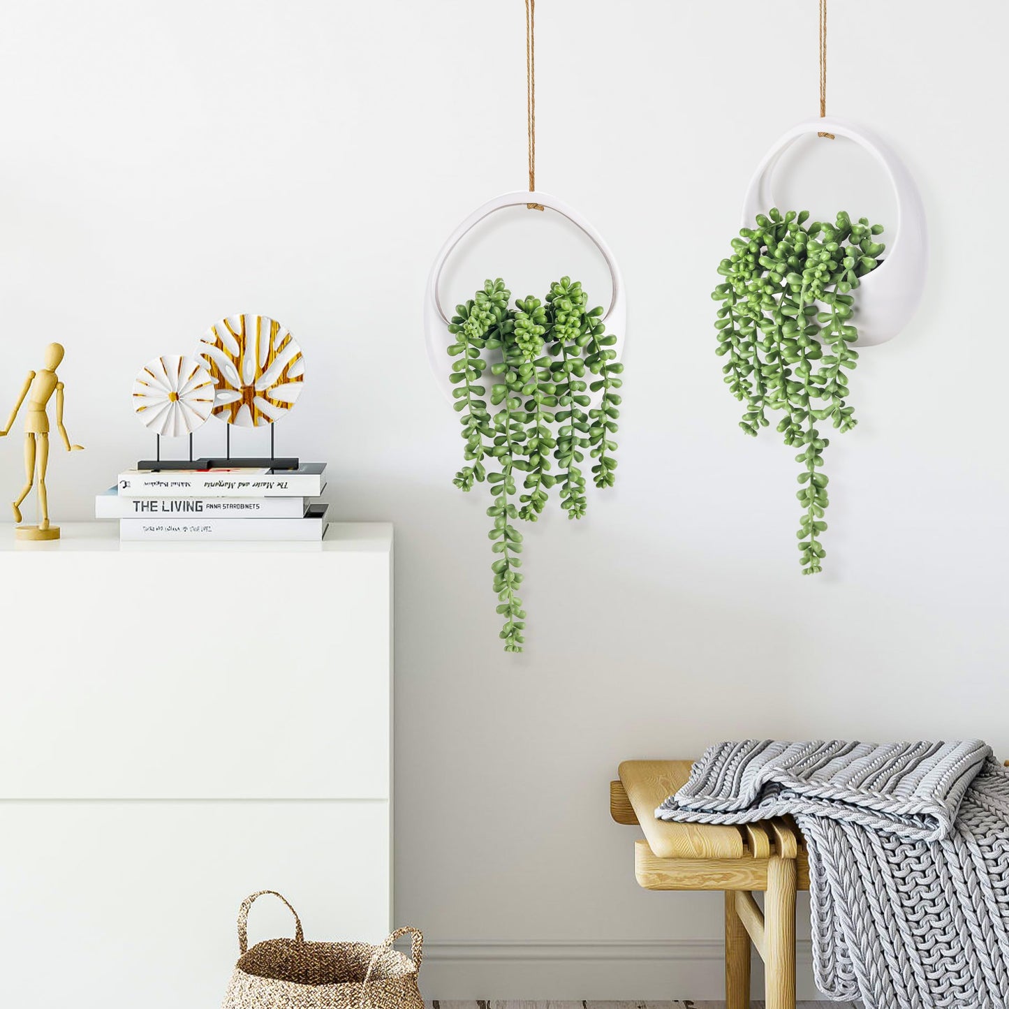 Der Rose 2 Packs Fake Hanging Plants Succulents with Strings Artificial Plants Indoor Outdoor for Boho Wall Decor