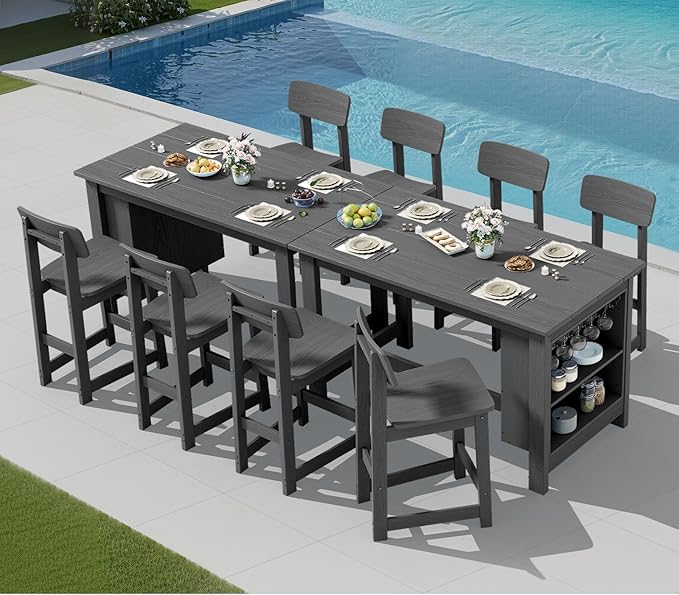 SERWALL 8-Piece Counter Height DiningTable Sets with Storage and Wine Rack, HDPE 2 Rectangular Bar Table with Bar Stools Set of 6 for Garden, Backyard, Kitchen, Gray