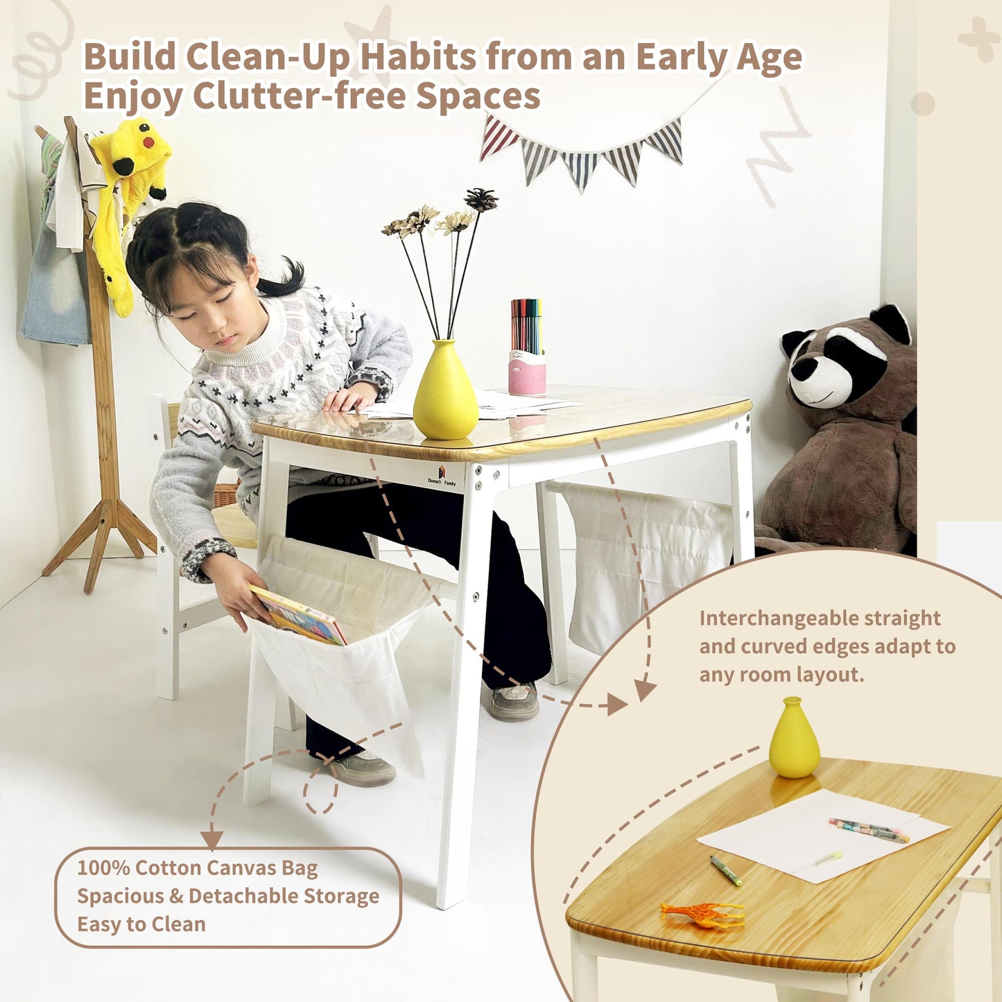 Damoch Family® My First Desk - Kids Desk & Chair Set (Ages 3-8) - Natural Wood Study Table with Ergonomic Chair, Learning Station, Art & Craft Table | PVC Protector & Storage Bags Supplied