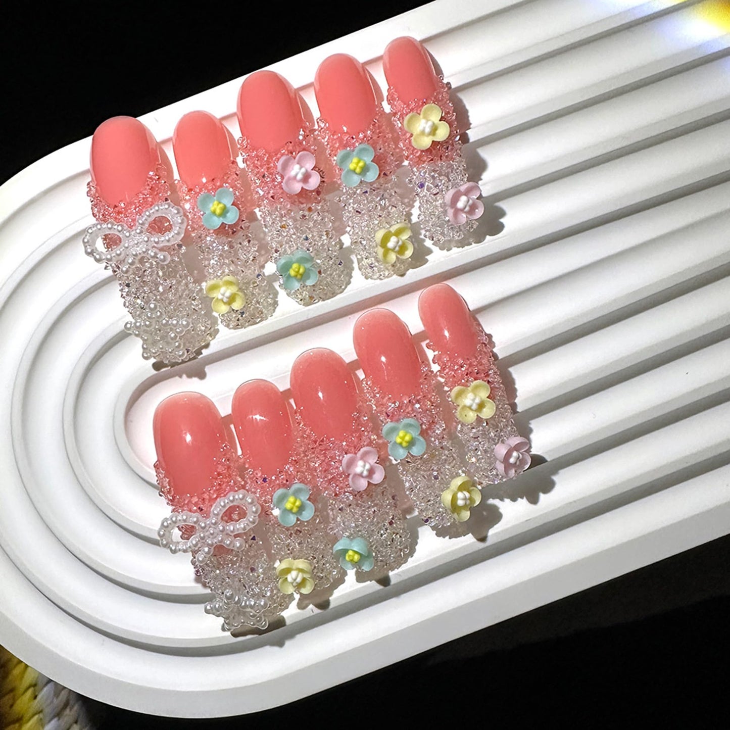 Handmade Curved Nails Tips,Long Press on Nails - French Tip Fake Nails with 3D Sugar Crystal Bow Designs Square Nails Press ons Reusable Artificial Nail for Women Manicure 10Pcs(Size M)