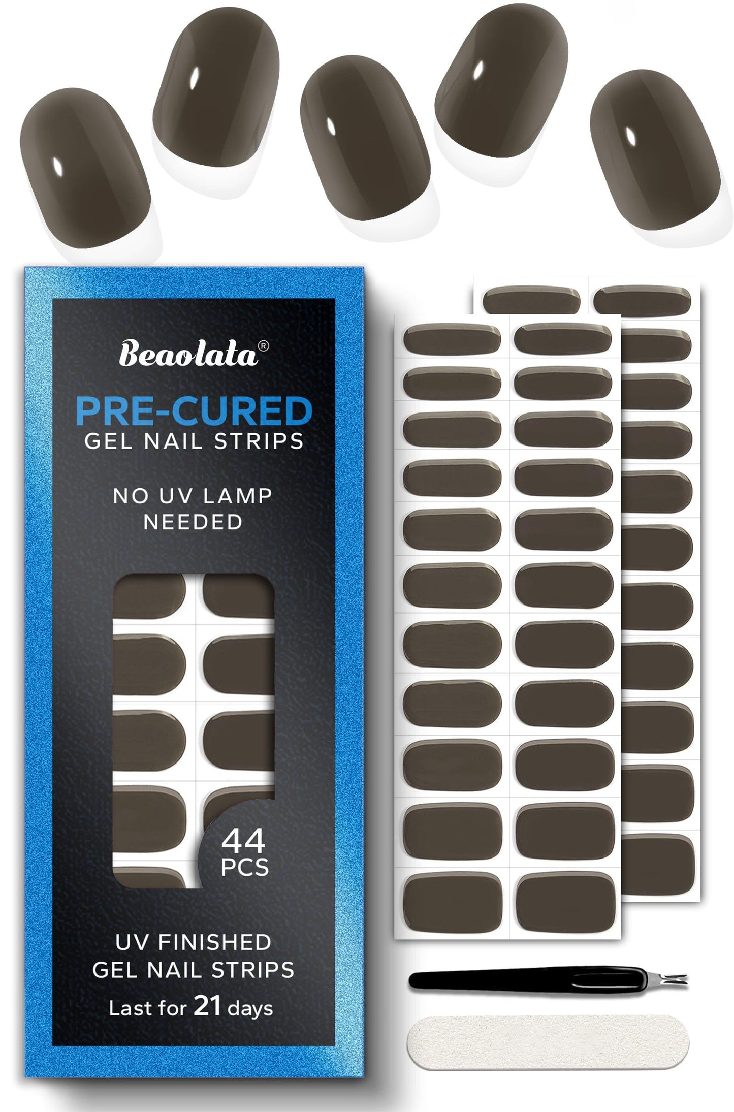 Beaolata Real Gel Nail Strips (No UV Light Needed) - 44Pcs Salon Quality Nail Stickers - Long Lasting Polish Wraps for Women, Easy Apply & Remove (Fern Brown)