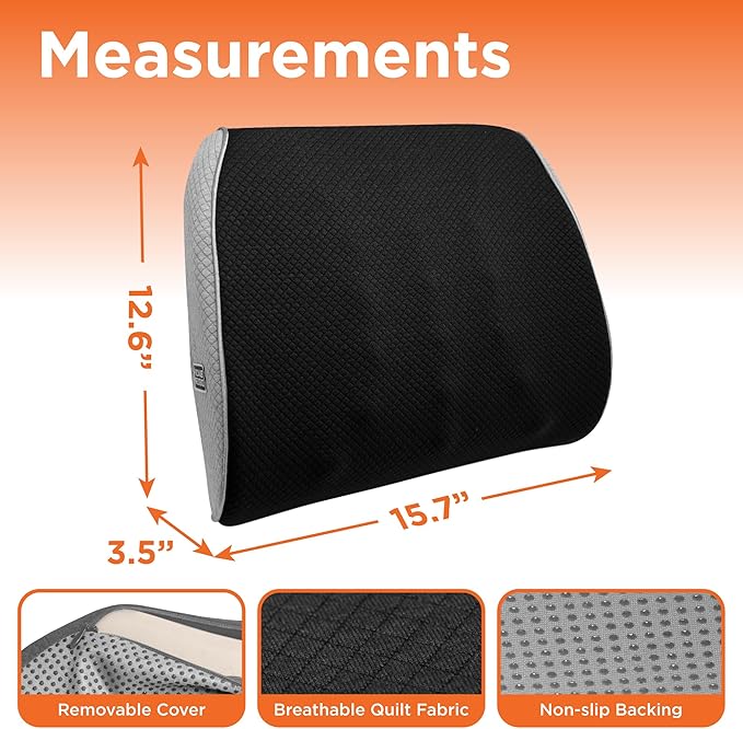 BLACK+DECKER Memory Foam Lumbar Support Pillow Lumbar Cushion with Multiple Massage Points for Office, Car, Wheelchair & Airplane Ergonomic, Pain Relief, Adjustable Strap, Washable Cover, Black/Grey
