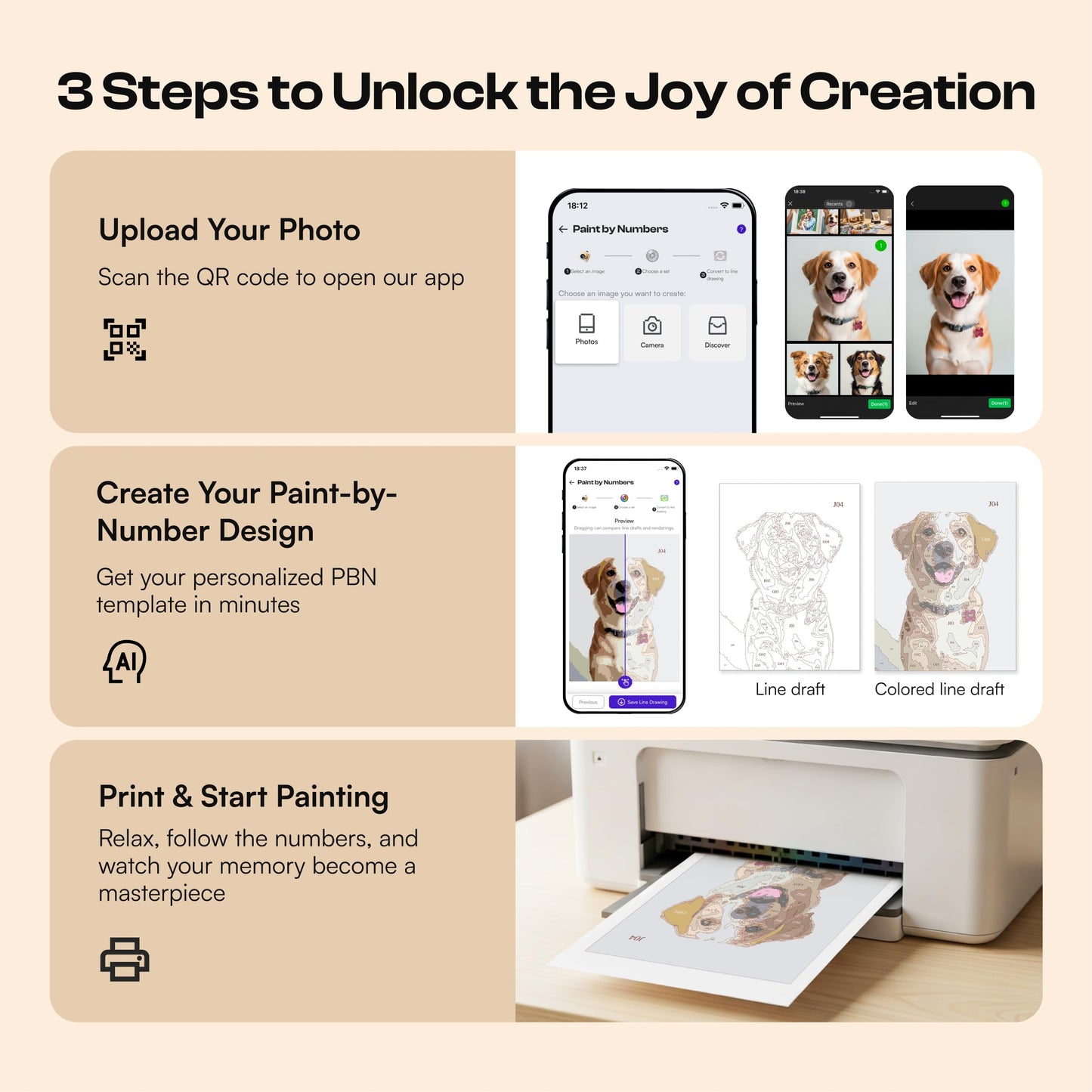 Caydo Custom Paint by Numbers Kit for Adults, Turn Your Photo into A4 Paint Templates via Included Customization Feature with 60-Color Acrylic Set and 3 Blank Canvases for Gift & Home Activity