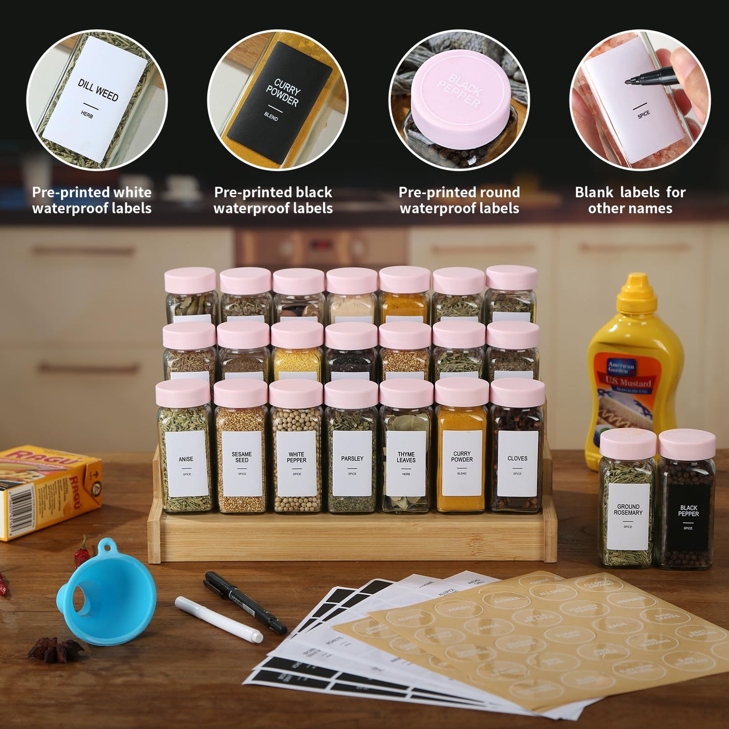 GMAMXD 24 Glass Spice Jars with Labels, Spice Jar Set, 4oz Seasoning Containers, Spice Containers with Pink Airtight Lids and Shaker Lids, Square Empty Spice Bottles, 492 Labels, 1 Funnel