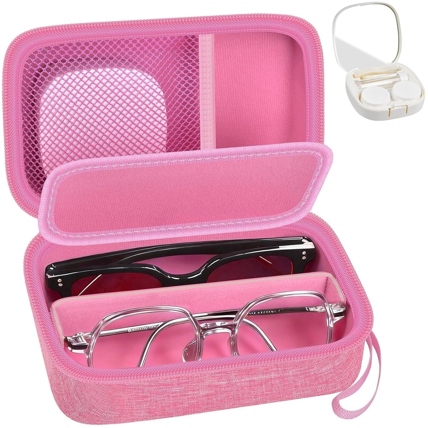 GWCASE Travel Glasses Organizer & Contact Lens Case - Adjustable Slots, Built-in Mirror, Tweezers, Solution Bottle & Hand Strap, Universal Fits Eyelasses/Sunglasses for Men & Women – Pink