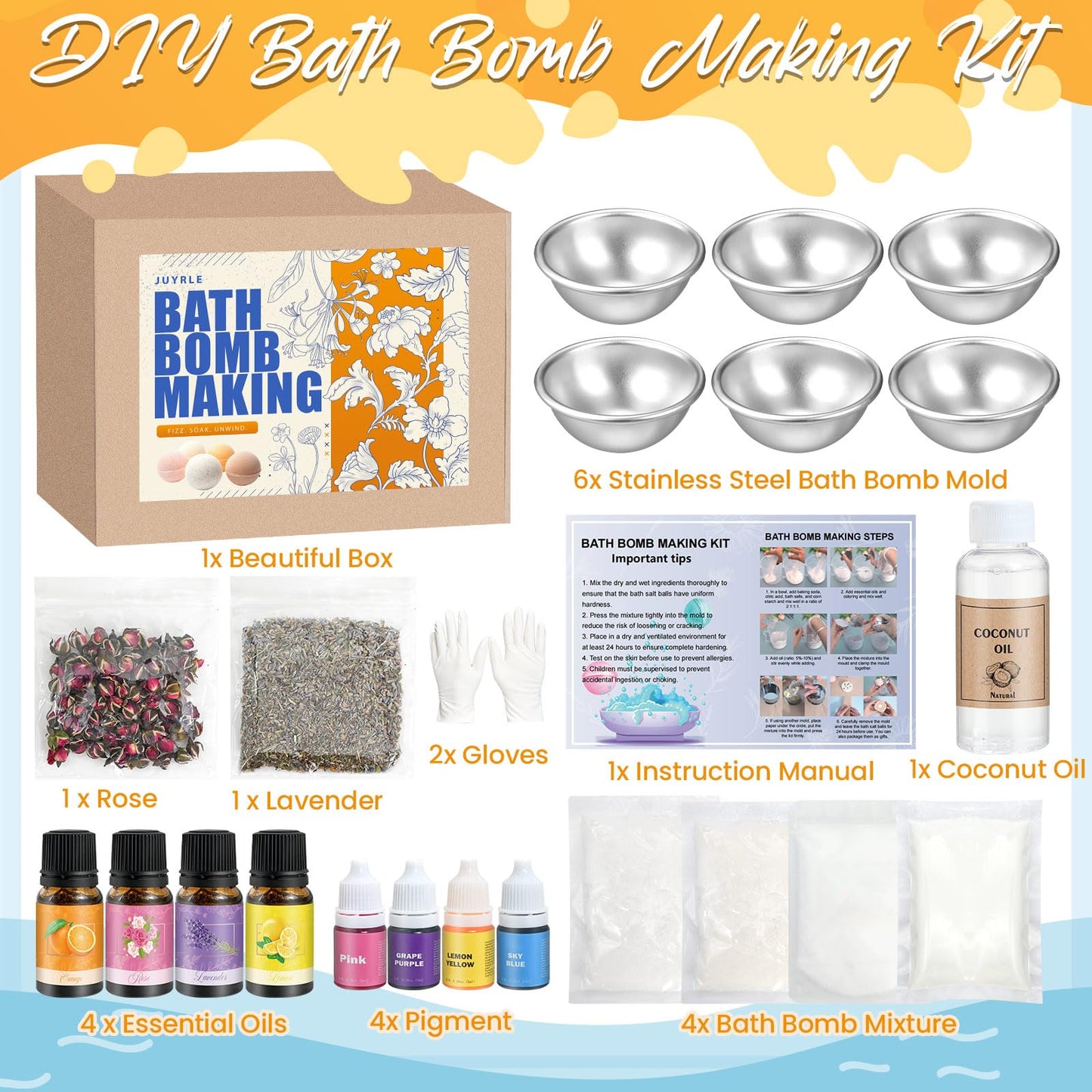 JUYRLE Bath Bomb Making Kit- DIY Bath Bomb Kit for Women, Make Your Own Bath Bombs, Bath Bomb Craft Kits with Bath Bomb Molds, Soap Making Kits, Bath Bomb Making Supplies Gifts for Girls Women
