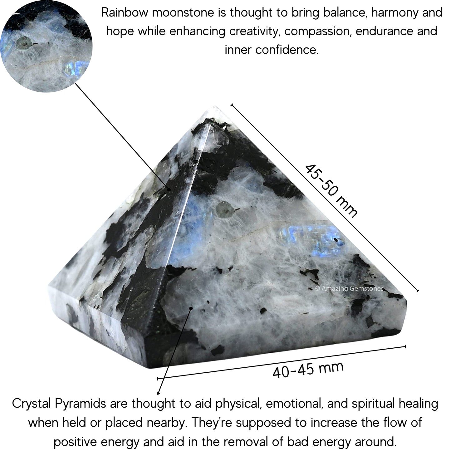 Amazing Gemstone Rainbow Moonstone Pyramid Crystal Healing Stones - 2" Great Pyramid Figurine of Natural Stone Pyramid for Meditation, Reiki, Chakra Balancing and Crystal Pyramids Grid