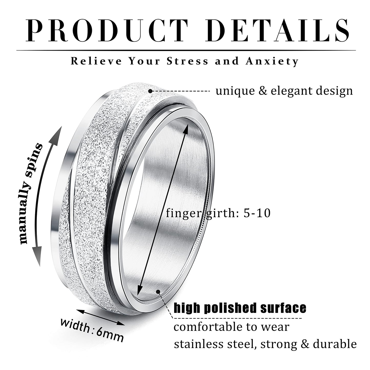Magitaco Spinner Rings Stainless Steel Anxiety Rings Moon Star Flower Lunnar Phase Fidget Rings for Anxiety for Women Men