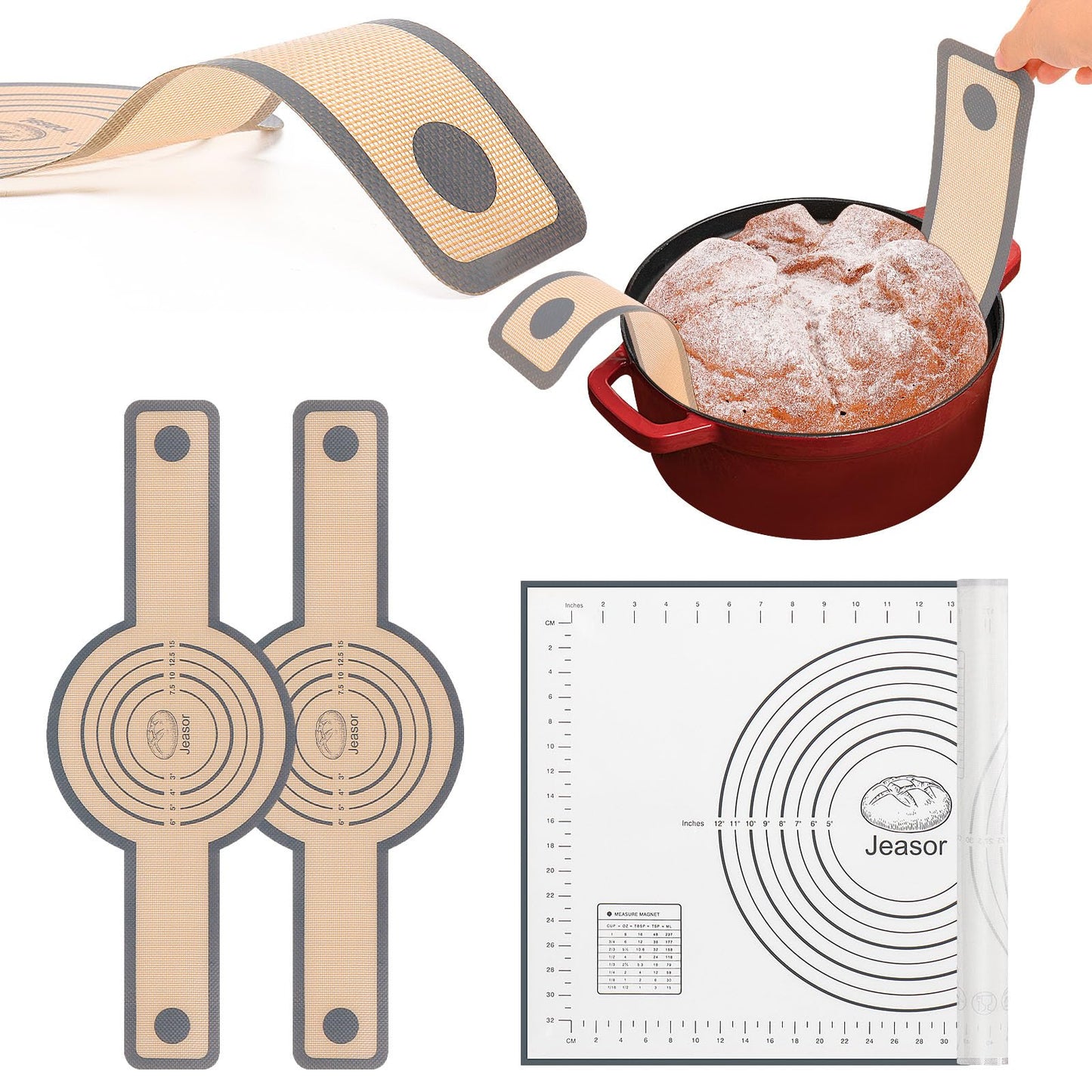 Jeasor 3 PCS Silicone Baking Mat Set, Silicone Bread Sling for Dutch Oven, Reusable Sourdough Bread Baking Supplies, Non-Stick and Easy Clean, with Long Handles