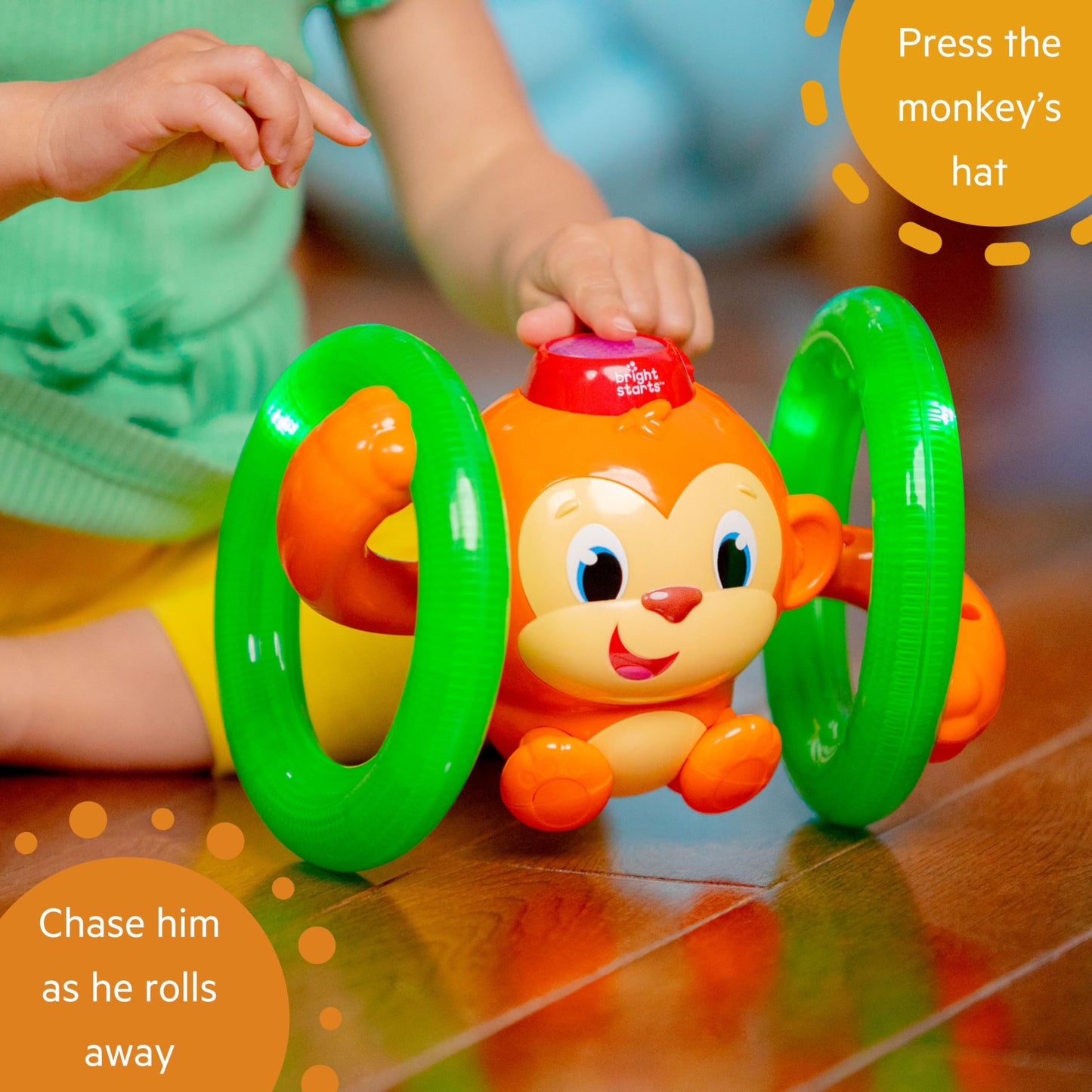 Bright Starts Roll & Glow Monkey Crawling Baby Toy with Lights and Sounds, Tummy Time Toy, 6 Months and up