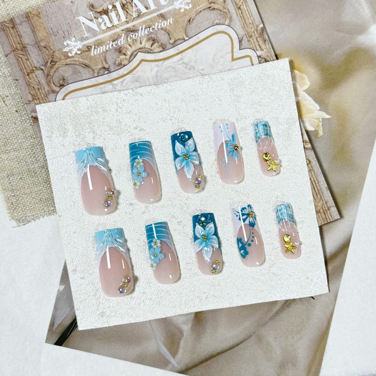 IMSOHOT Luxury Handmade Press on Nails Long Square Fake Nails with 3D Flower Designs Glossy Blue French Tips False Nails Full Cover Acrylic Glue Stick on Nails for Women