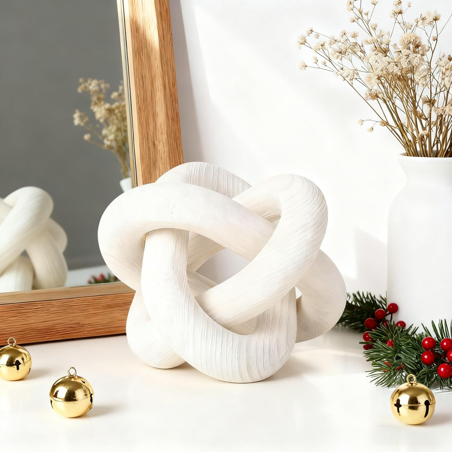 Nezhain Wood Knot Chain Link Decor, 3 Link Boho Wooden Hand Carved Decorative, Handcrafted for for Coffee Table Entryway Modern Farmhouse Shelf Decoration(White)