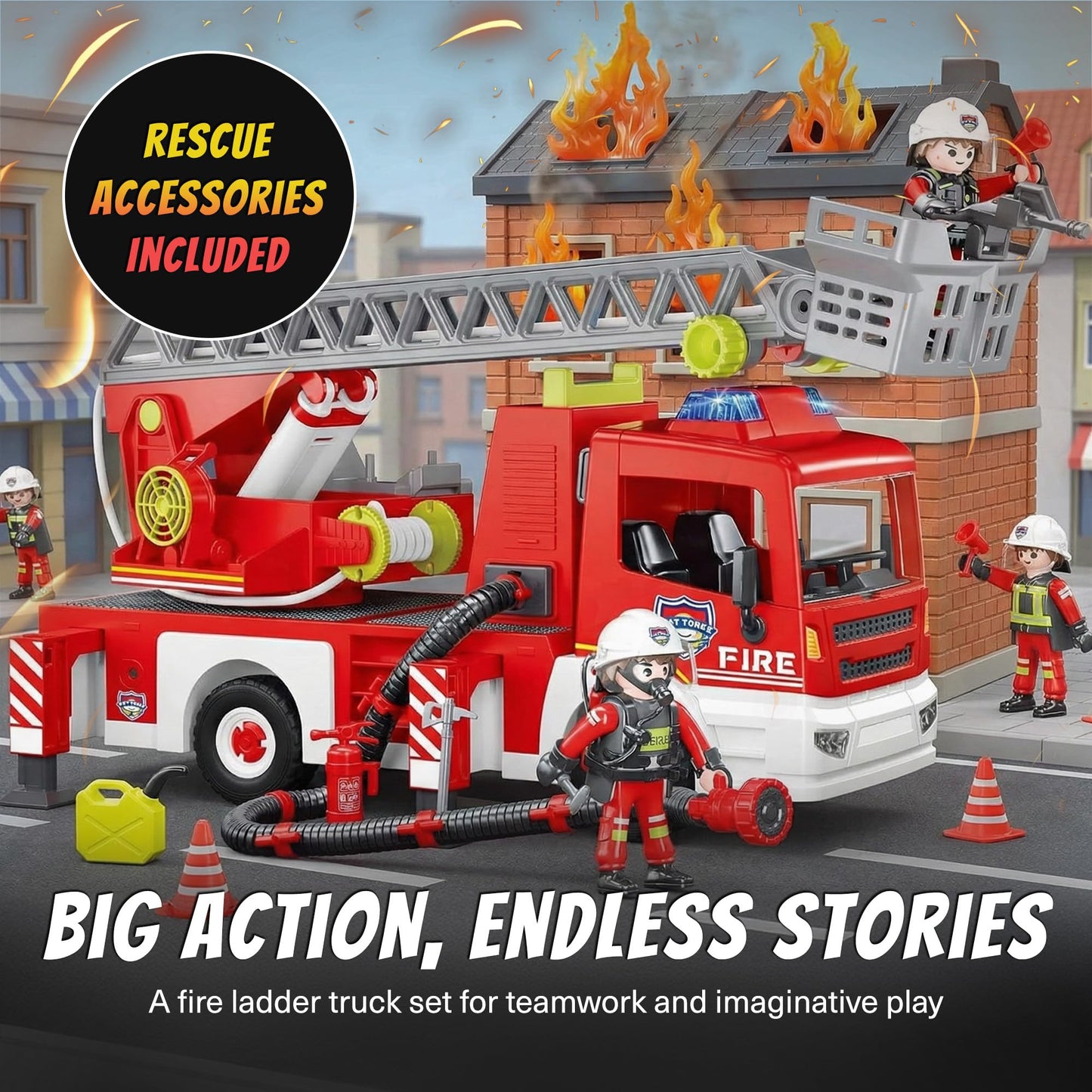 Tiny Force Toy Ladder Fire Truck Toy – Firefighter Fire Truck with Extendable Fire Ladder, Toy Truck for Kids, Perfect Firefighter Gift for Pretend Play Fun