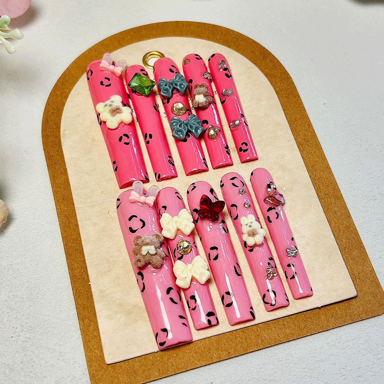 Long Square Pink Press on Nails -Cute Decorative Fake Nails with Bowknot for Women