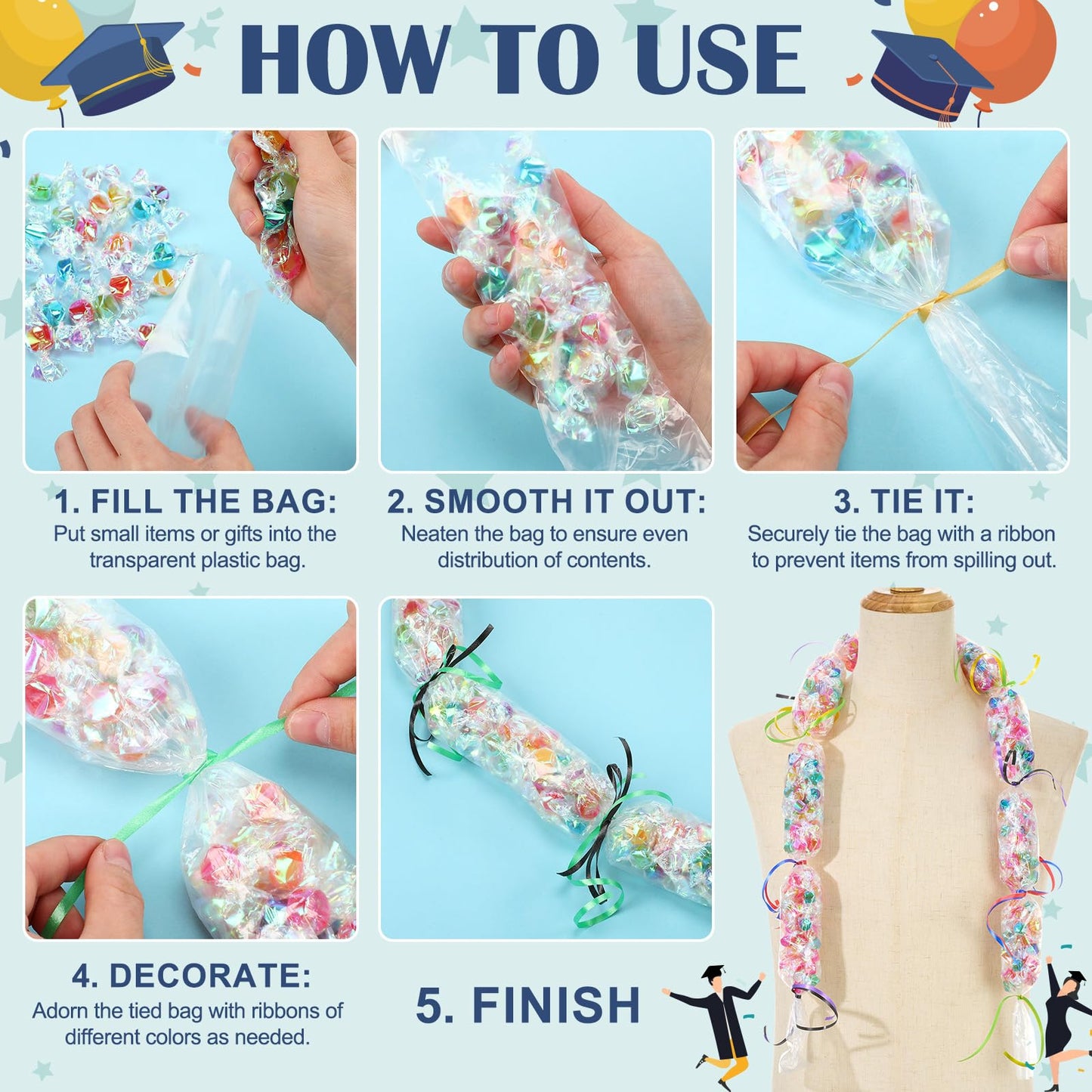 Spakon 60 Pcs 2.76 Inch x 59.06 ft Clear PE Poly Tubing Graduation Candy Wreath Making Kit, 6 Rolls 32.81 ft 6 Colors Ribbon for Graduation Packing DIY Snacks Candy Party Lei Kit