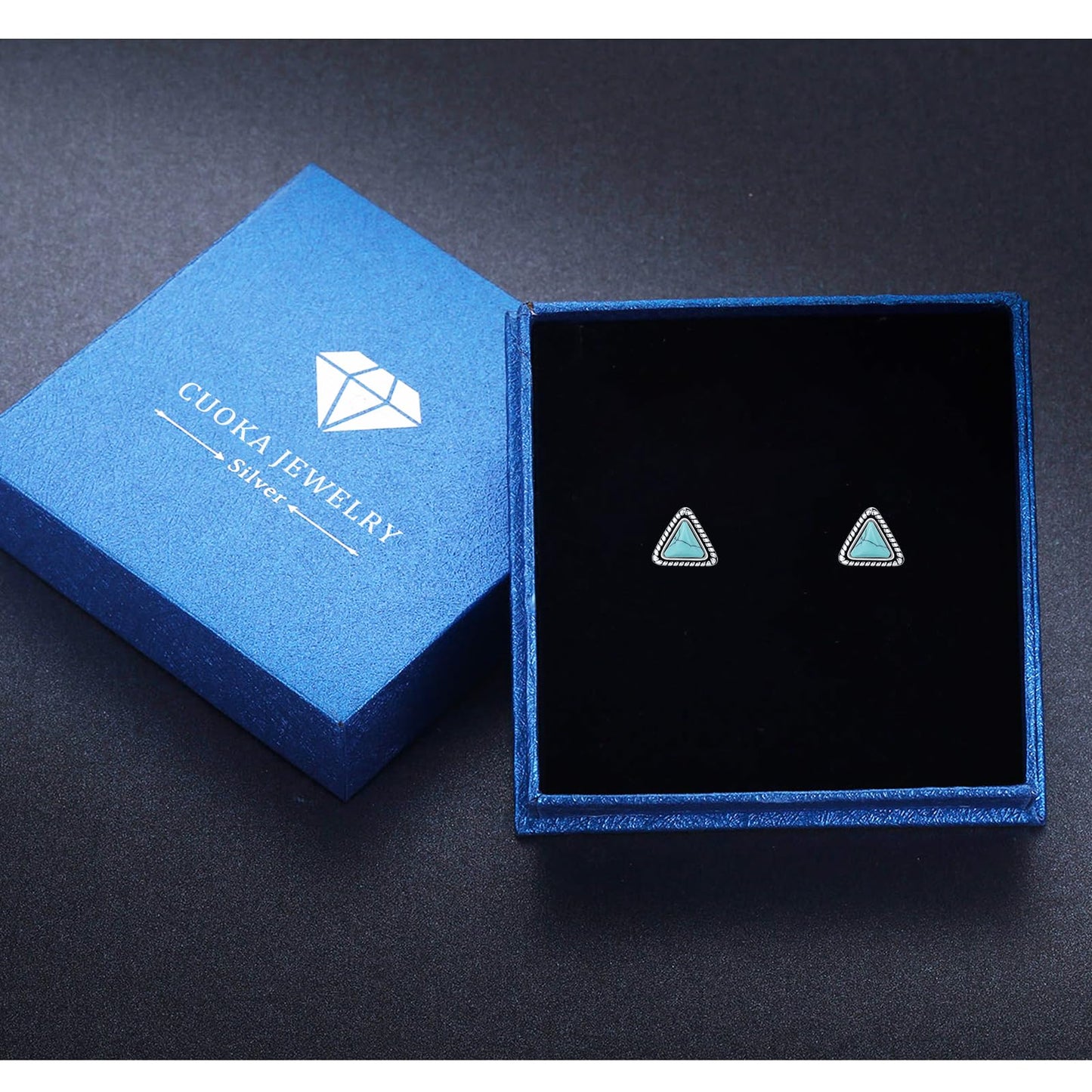 AOVEAO Triangular Turquoise Stud Earrings S925 Sterling Silver Vintage Braids Blue Gemstone Bohemian Ethnic Tribal Jewelry for Women Graduation