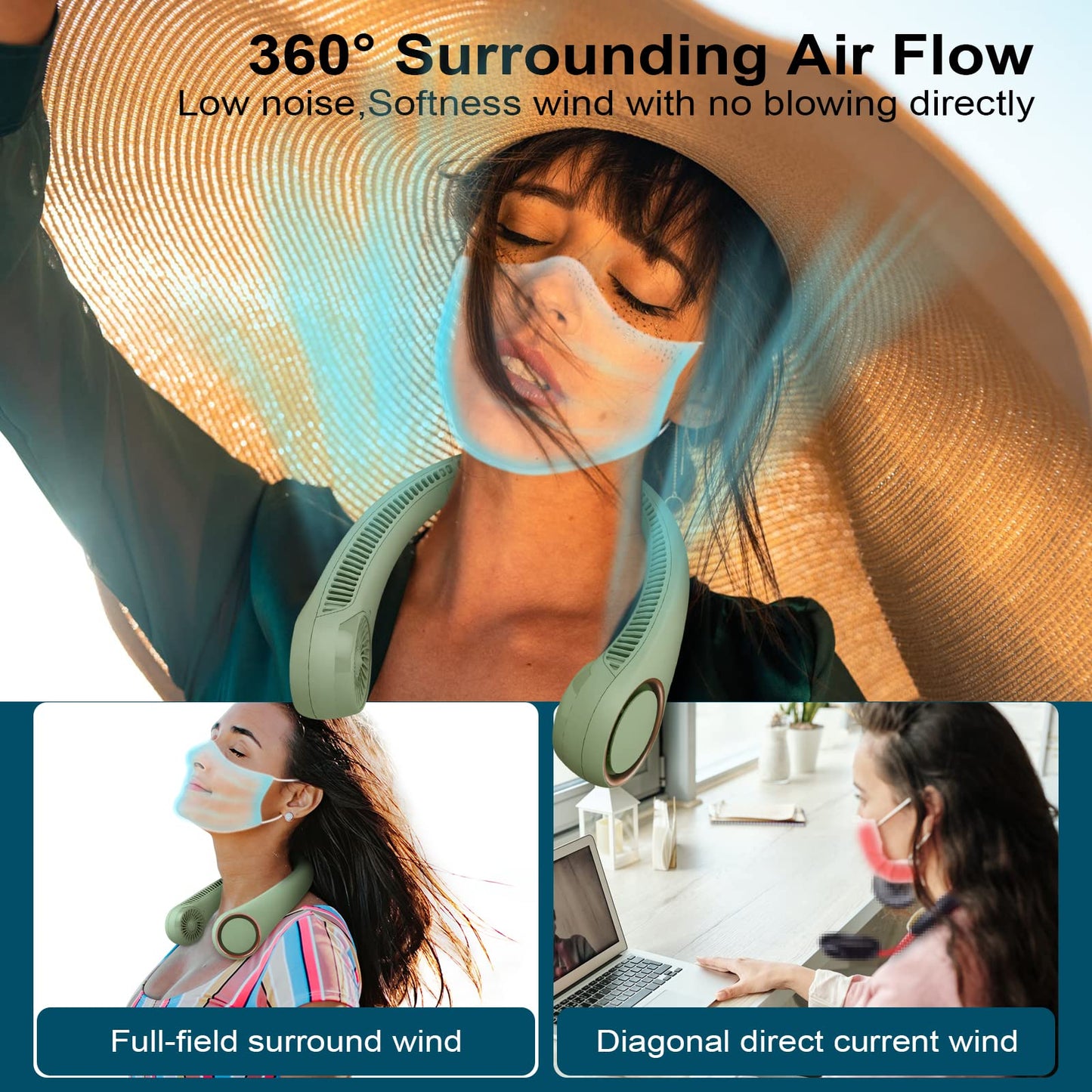 CIVPOWER Neck Fan: Portable Personal Neck Cooling Rechargeable Bladeless Fan - Hands Free 3 Speed 4000 mAh Battery USB Operated Wearable Headphone Design - Gift for Men Women Outdoor (Light Green)