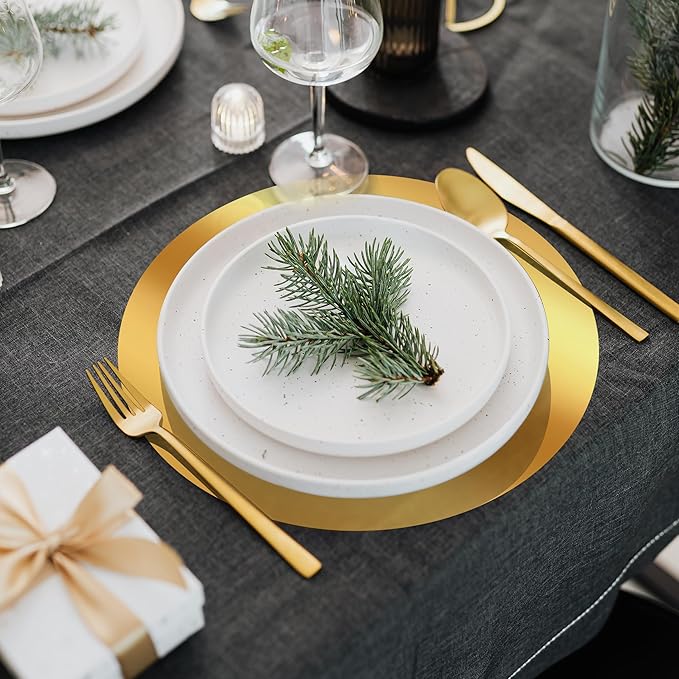 KesaPlan 50PCS Round Gold Placemats, 13" Disposable Paper Placemats for Dining Table, Mirrored Gold Charger Place Mat for Kitchen Banquet Table Setting Wedding Birthday Dinner Party