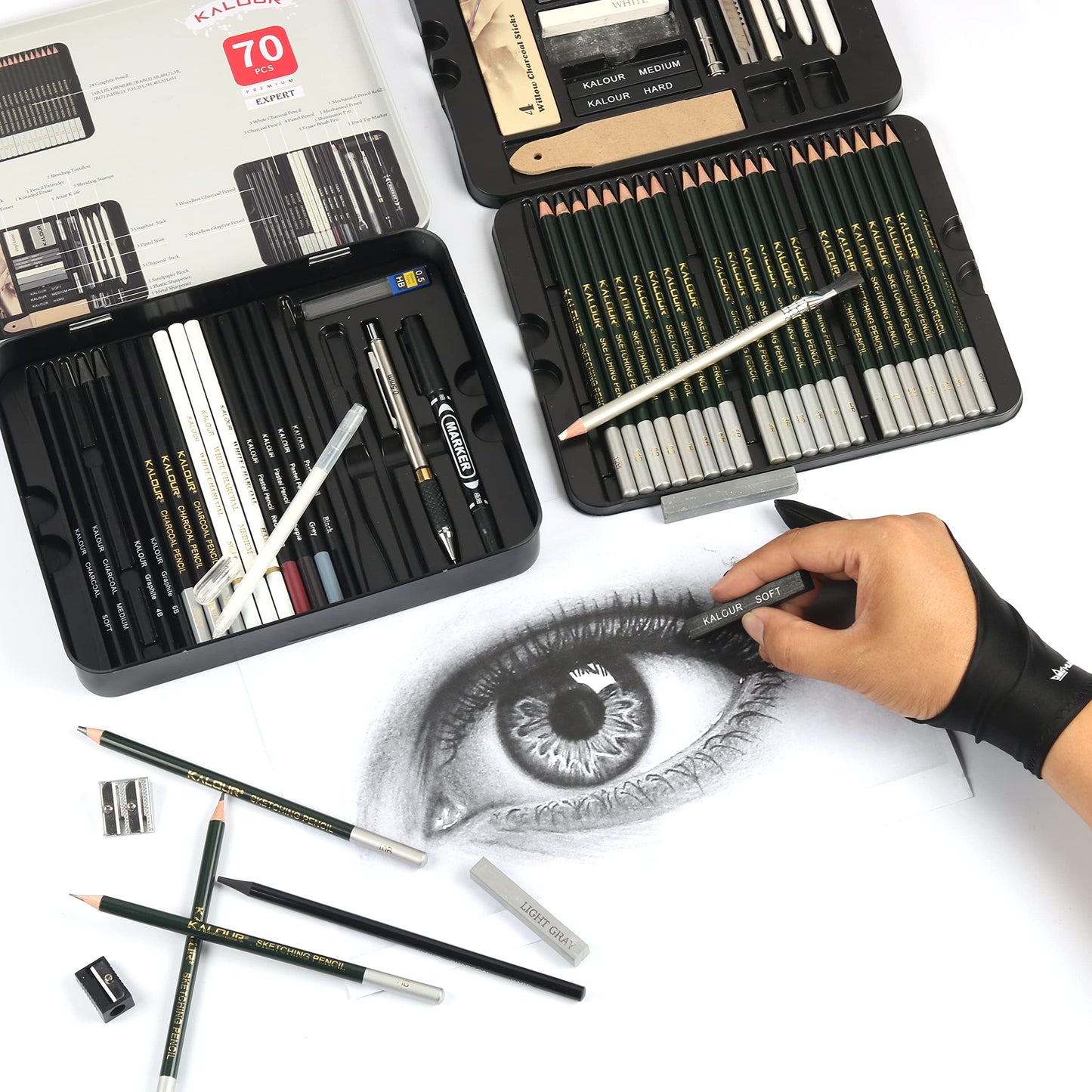 KALOUR 72-Pack Sketch Drawing Pencils Kit with Sketchbook and 3-color Drawing Paper,Tin Box,Include Graphite,Charcoal,Drawing Glove and Artists Tools,Pro Art Drawing Supplies for Adults Beginner