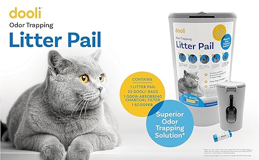 dooli Odor Trapping Litter Pail – Odorless Cat Litter Pail with Lid & 6 Month Supply of Refill Bags and Scooper– One-Finger Tap Lid Opening
