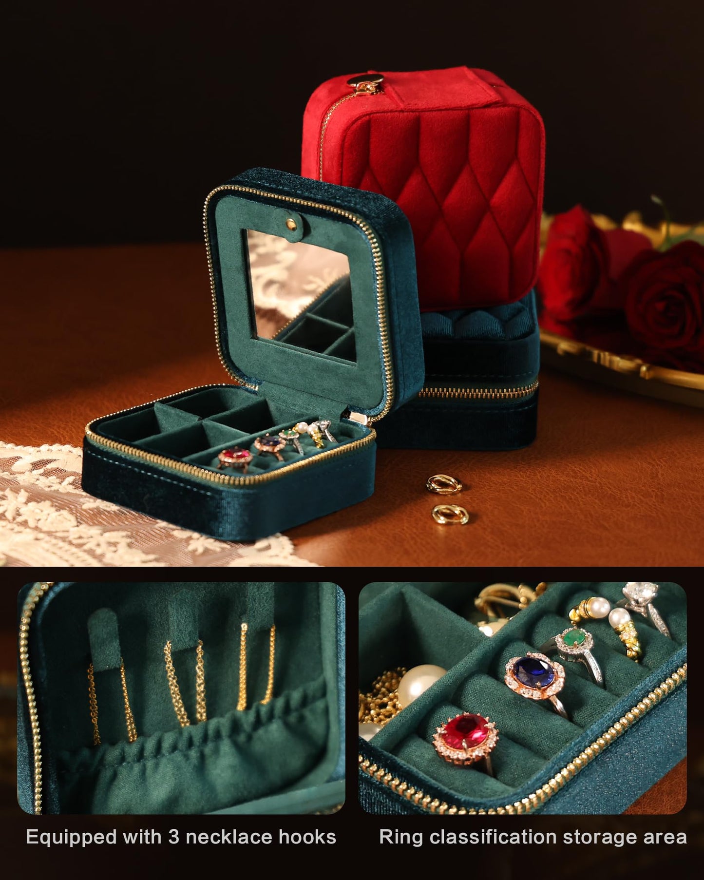 Vidifina Velvet Jewelry Box – Travel Jewelry Case Organizer with Mirror, Adjustable Compartments for Women | Luxury Storage Case & Gift for Her - Caramel