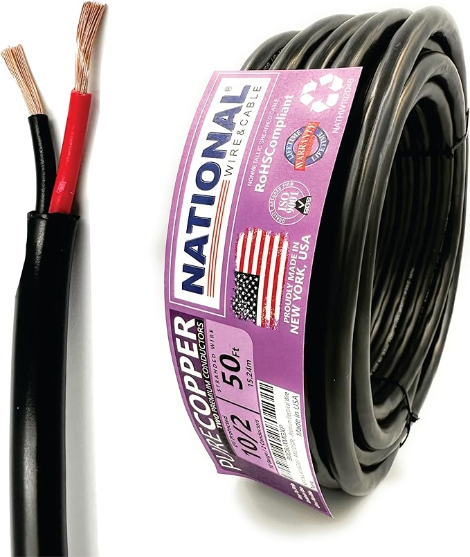 NATIONAL Wire & Cable – 10 AWG 2-Conductor Premium Copper Wire, 50 ft, Stranded | Made in USA, Heavy-Duty Flexible Jacket | Automotive, Solar, Battery, Indoor and Outdoor Use