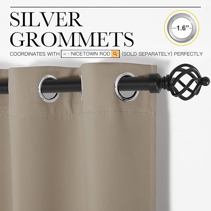 NICETOWN Window Curtain Panels, Thermal Insulated Solid Grommet Blackout Draperies/Drapes for Basement (Taupe, 1 Pair, 34 by 54-inch)
