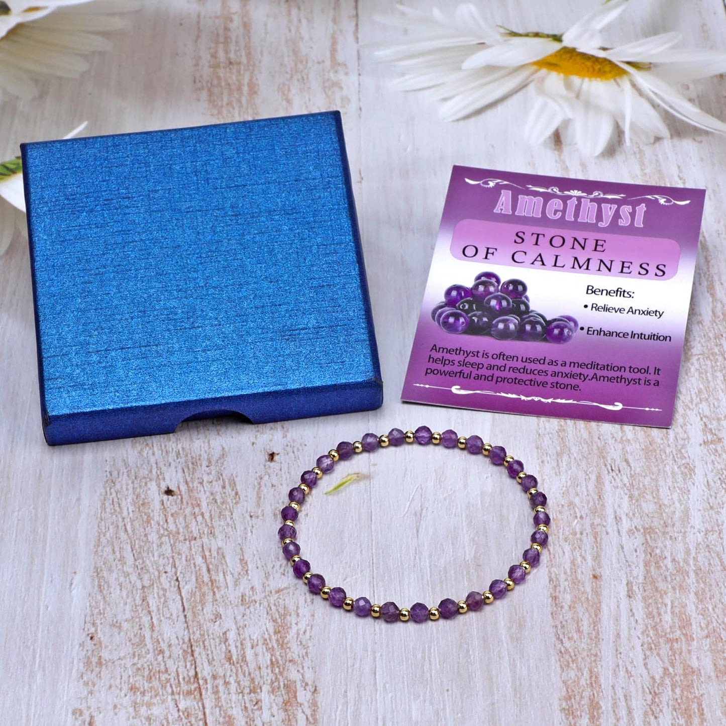 QOGIR Amethyst - Stone of Calmness - 14K Gold Plated Beads Natural Gemstone Stretch Elastic Dainty Healing Beaded Bracelets Gifts 4mm