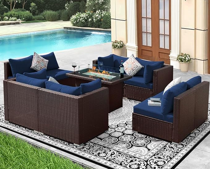 NICESOUL 9 Piece Patio Sectional Sofa Set with Fireplace Natural Gas/Propane, 29.3'' High Back Deep Seats Outdoor Conversation Couch, Extra-Large Wicker Furniture Sets, Brown Rattan and Blue Cushion