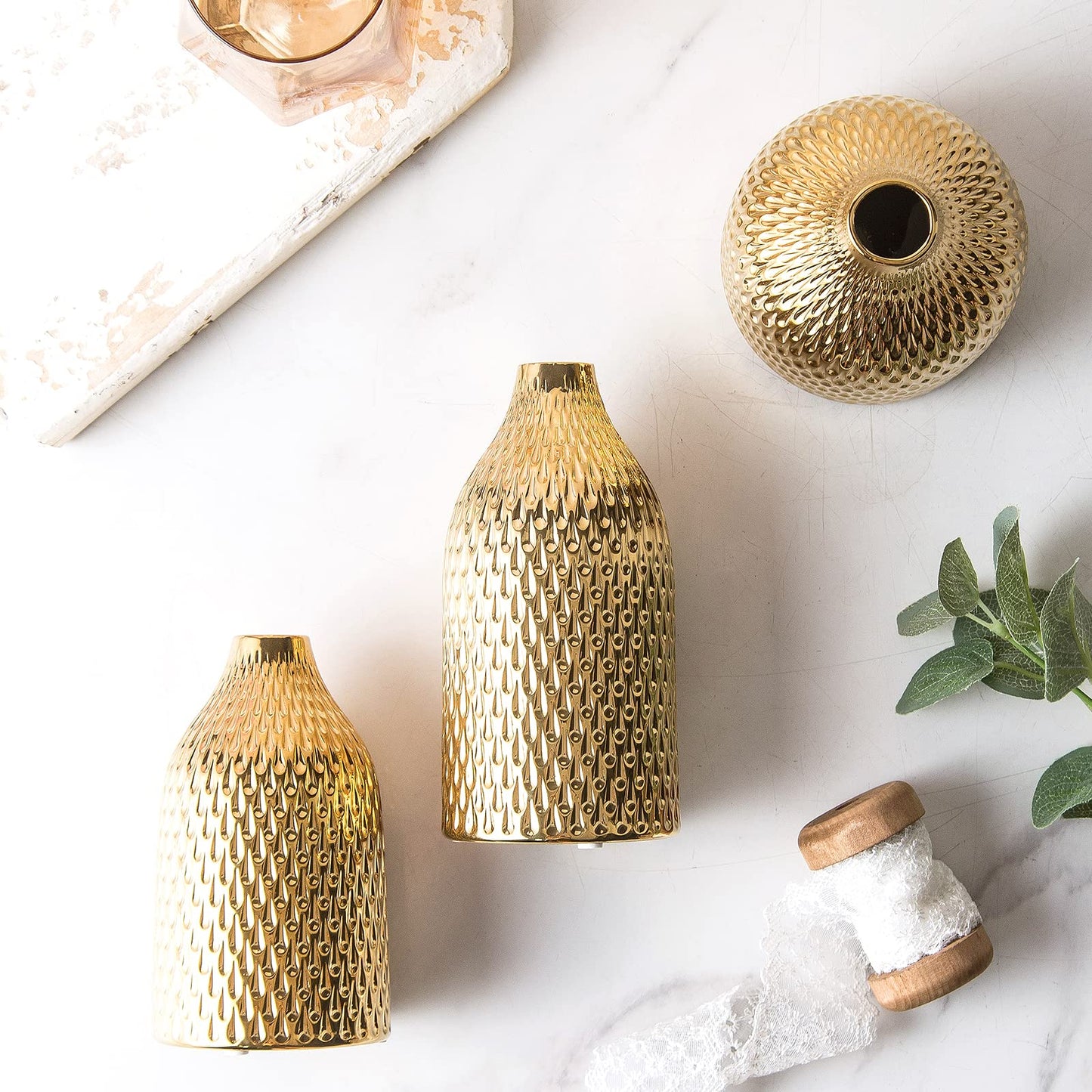 Ceramic Vase Set - 3 Small Vases, Luxurious Home Decor, Great for Centerpieces; Ideal Shelf Décor, Table Décor, Bookshelf, Mantle, Entryway- Gold