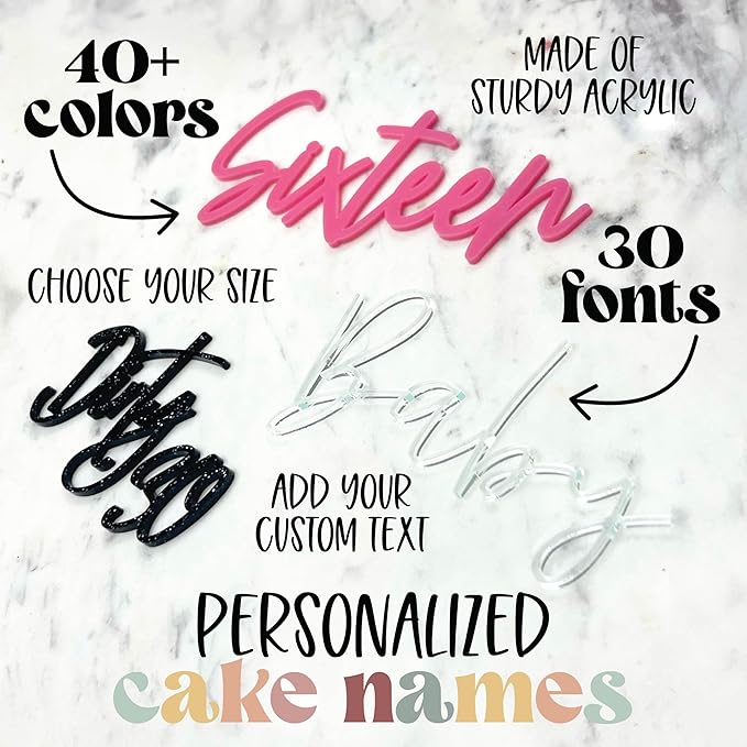 Custom Cake Name Plate | Custom Cake Topper Name for Birthday Party Shower Wedding | 40+ Color, Font, and Size Options | Wedding Place Card Birthday Decoration Made of Acrylic