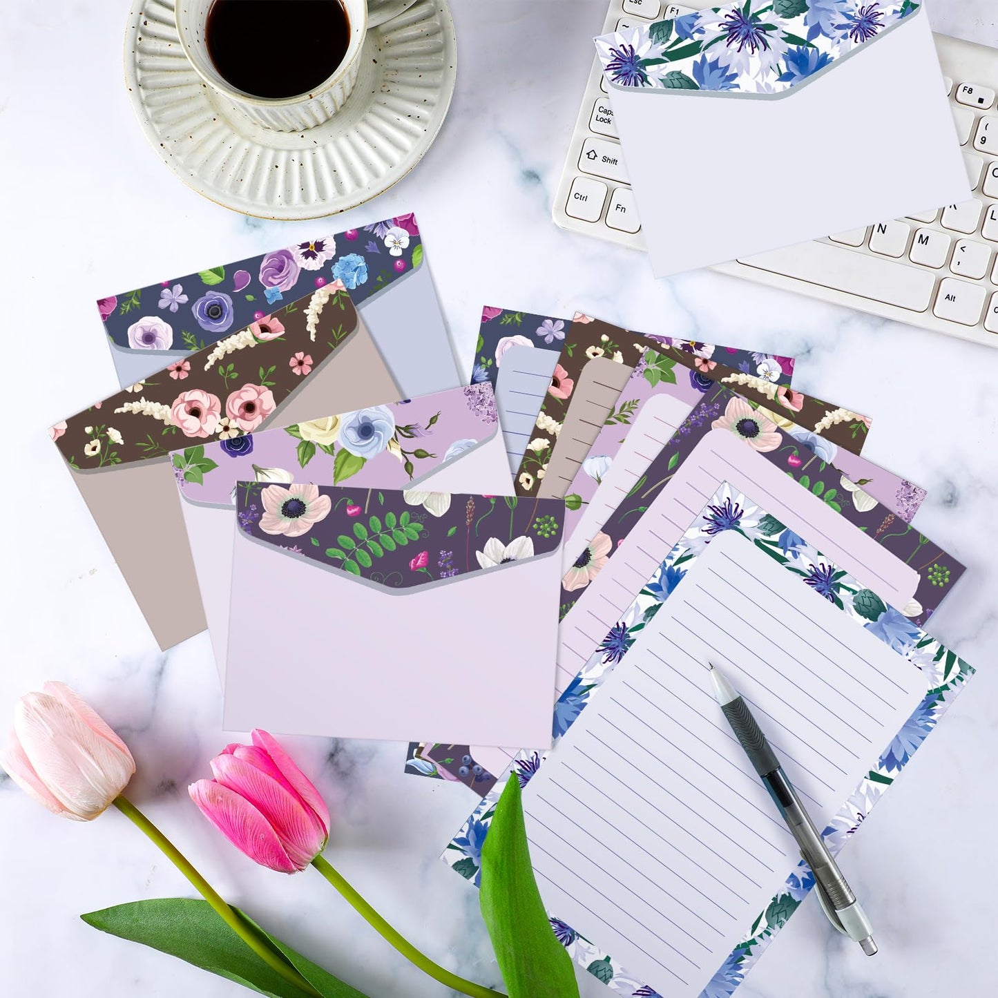 Geyee 200 Pieces Watercolor Stationary Paper and Envelopes Include 100 Lined Sheets and Envelopes, 5. 5 x 8. 25 Inch Double Sided Printing Letter Writing Paper with Mailers(Floral)