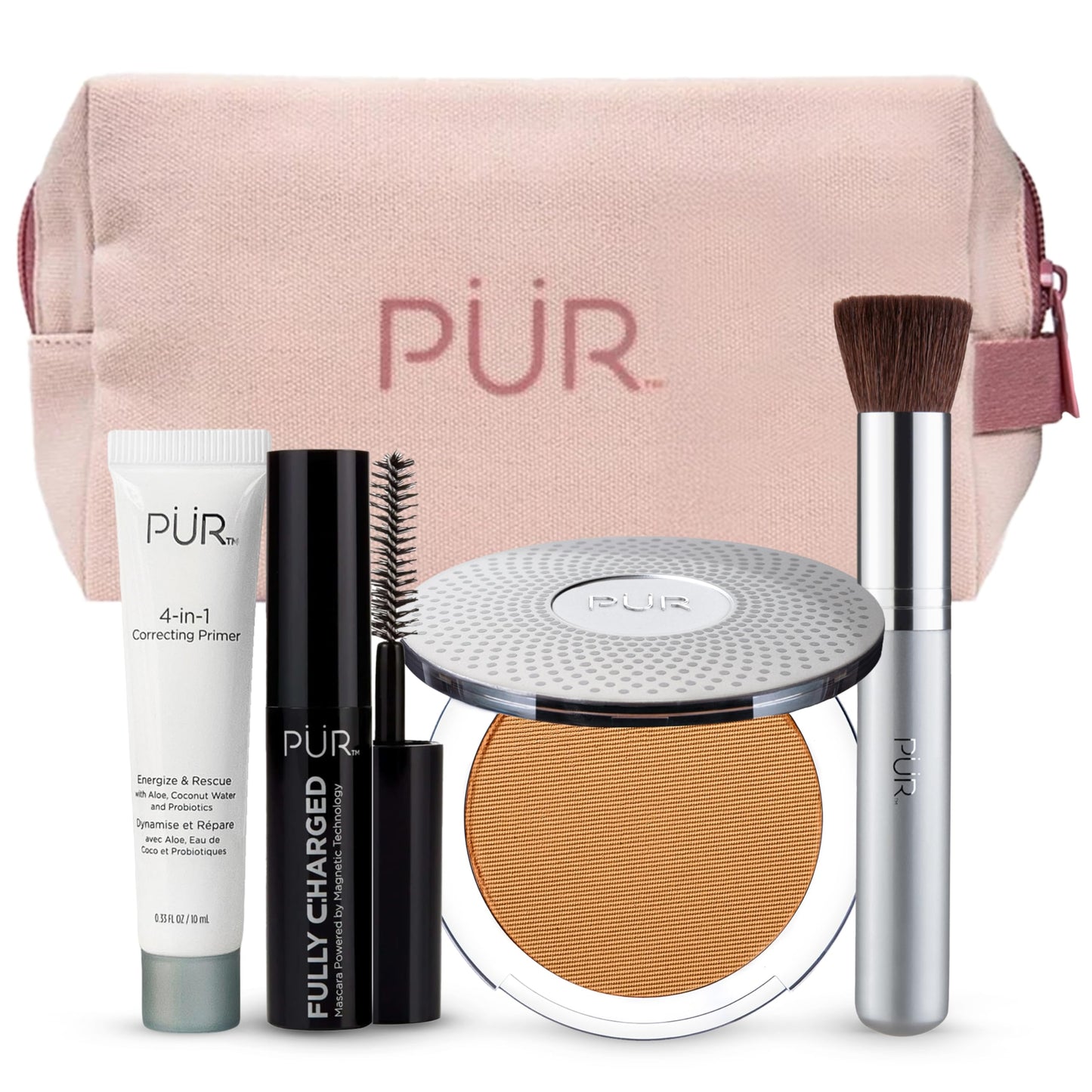 PÜR MINERALS Multitasking Essentials Kit, Medium Dark - Makeup Gift Set Includes 4-in-1 Correcting Primer, Fully Charged Mascara, 4-in-1 Pressed Mineral Powder & 1 Chisel Brush