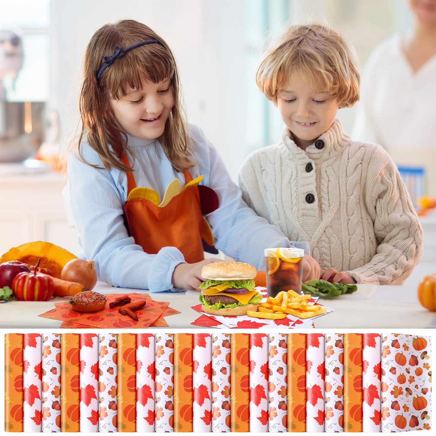 Tinlade 150 Pcs Fall Thanksgiving Wax Paper Sheets Maple Leaf Pumpkin Mushroom Food Wrap Paper Sheets Parchment Grease Resistant Waterproof Food Liner Oil Proof Picnic Liner for Kitchen