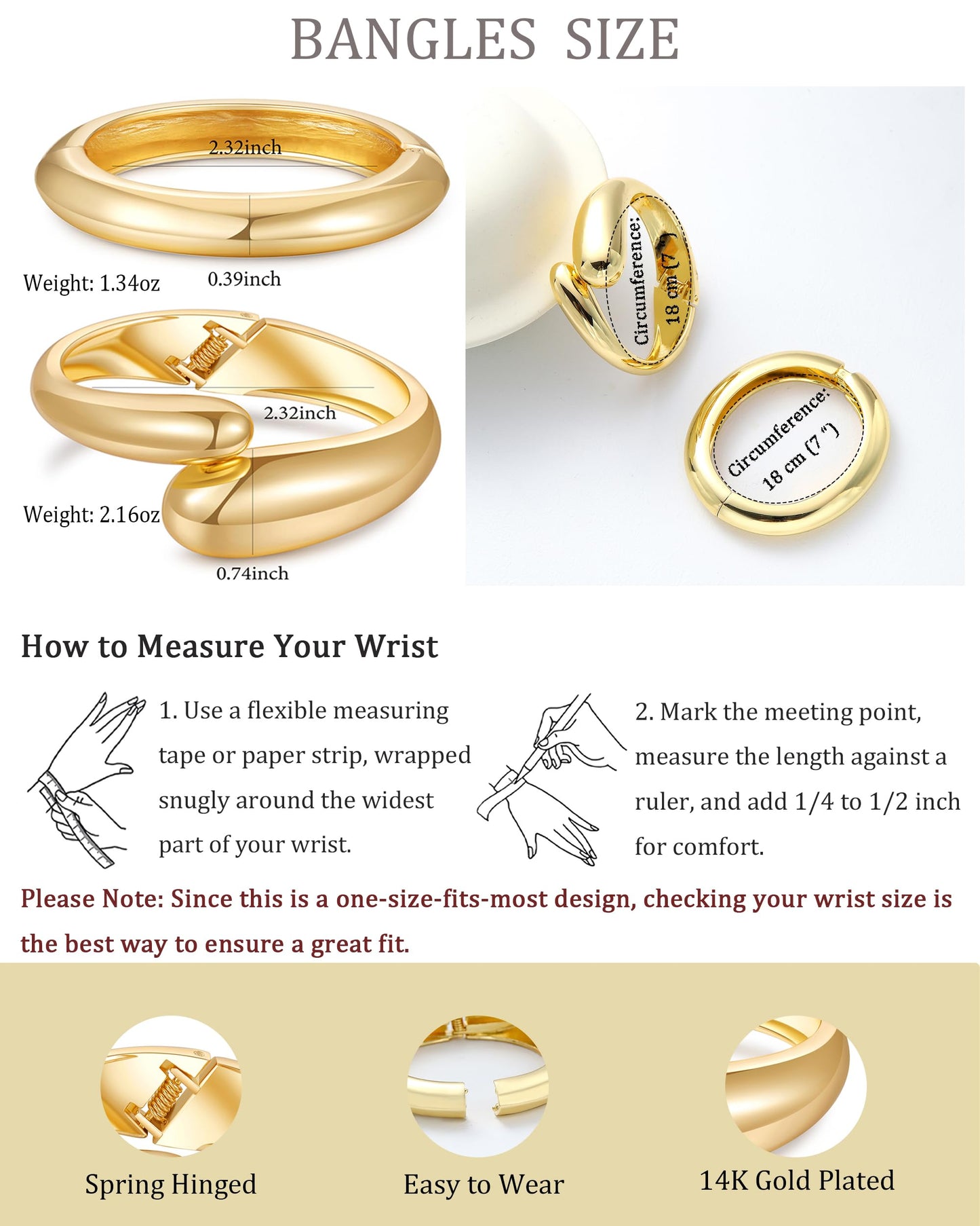 AYWFCBF 14K Gold Plated Bangle Bracelets for Women | 2-Pack Arm Cuff Bangles | Trendy Hinged Cuff Open Wide Chunky Gold Bracelet Stack Jewelry for Women
