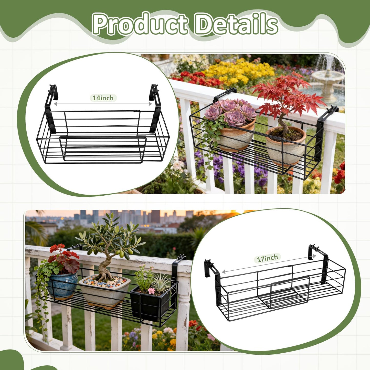 Youyole Railing Hanging Planter Holders, Adjustable Balcony Flower Pot Rack Stand, Expands 14"-27" Iron Hanger Hooks Fit Almost Any Balcony, Fence or Deck Railing up to 6" Wide(Black)