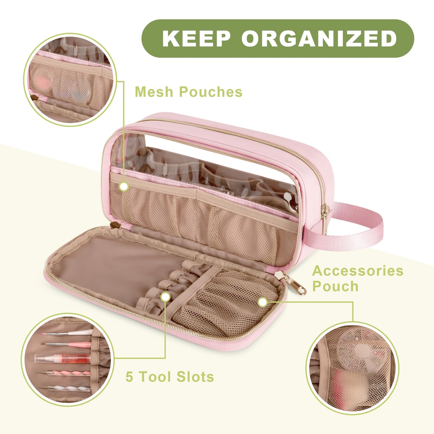 Prokva Nail Polish Organizer Case Fits 12 Bottles (15ml), Nail Polish Supplies Storage Bag with Clear Window, Pink