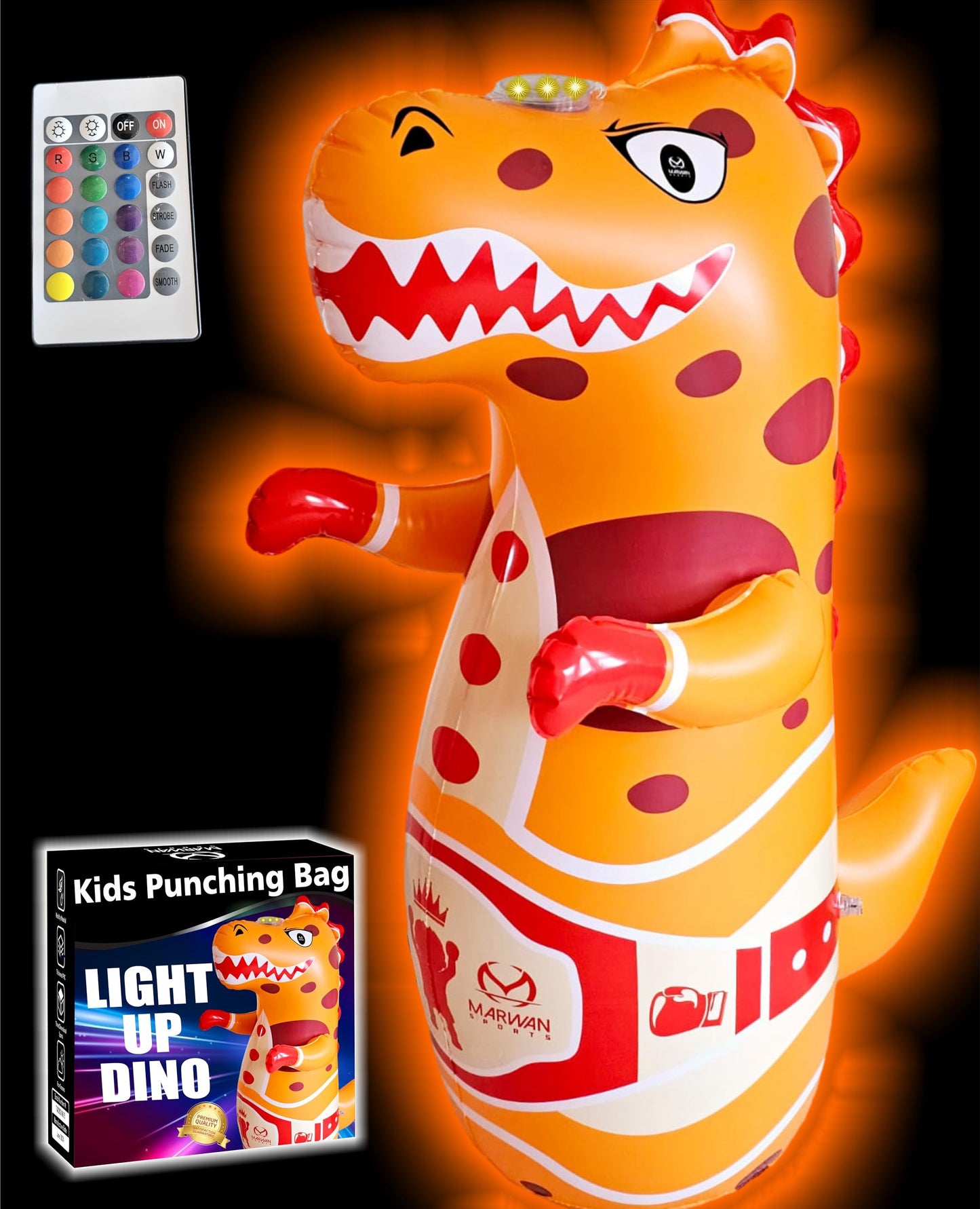 Light-Up Inflatable Dinosaur Punching Bag with Roaring Sound – 47” Bop Bag with Fast Bounce-Back for Active Kids Ages 2-7 – Fun Boxing Toy for Toddlers (3 AAA Batteries Required, Orange)