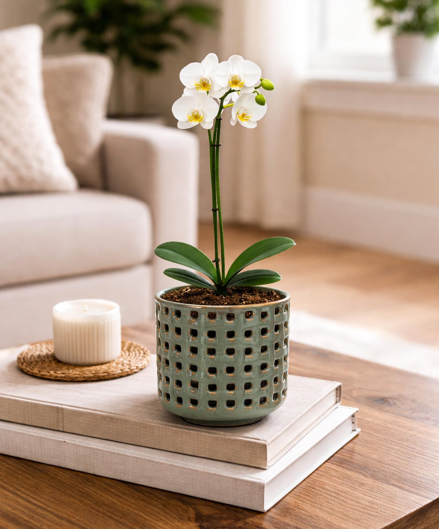D'vine Dev 4.5 Inch Ceramic Orchid Planter with Lattice Cutout Design, Glazed Cachepot with Clear Nursery Pot & Detachable Saucer for Orchids and Indoor Plants, Olive, 28-A-Z-4