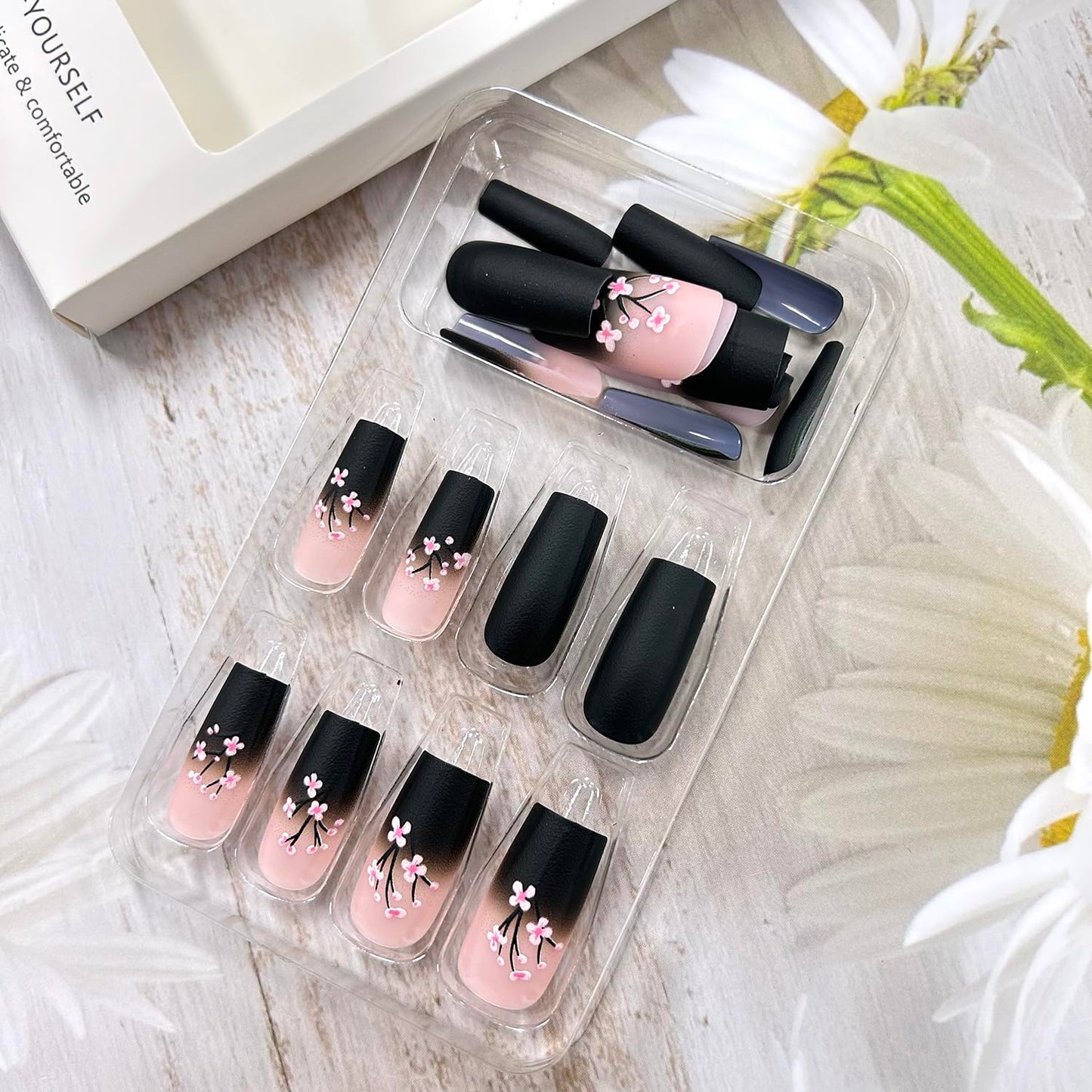CJDLTS 24Pcs Flower Press on Nails Medium Black French False Nails Pink Floral Pattern Design Coffin Nails Full Cover Acrylic Nails Ballet Shaped Stick on Nails Artificial Glue on Nails for Women