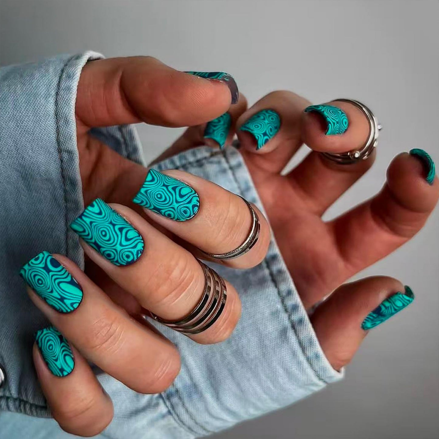 Medium Press on Nails Square Fake Nails Acrylic Nail Press Ons Seeneey Vintage Teal Swirl Design Waterproof Matte Stick on Nail for Women 24pcs
