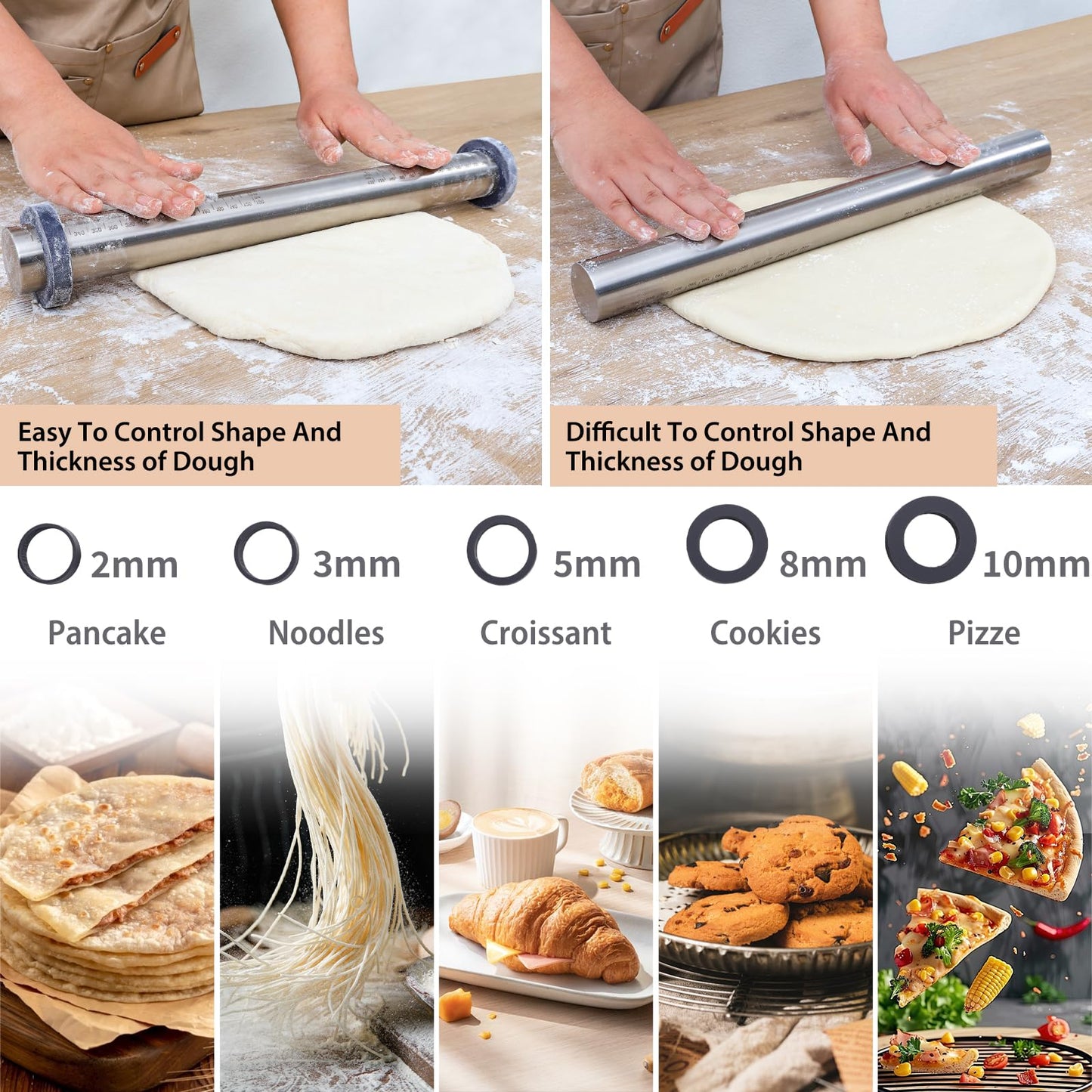 Adjustable Rolling Pin with Thickness Rings for Baking -Non Stick Stainless Steel Dough Roller Pin with Bands for Cookie,Wood,Wooden and Bread (Grey, 17.5'')