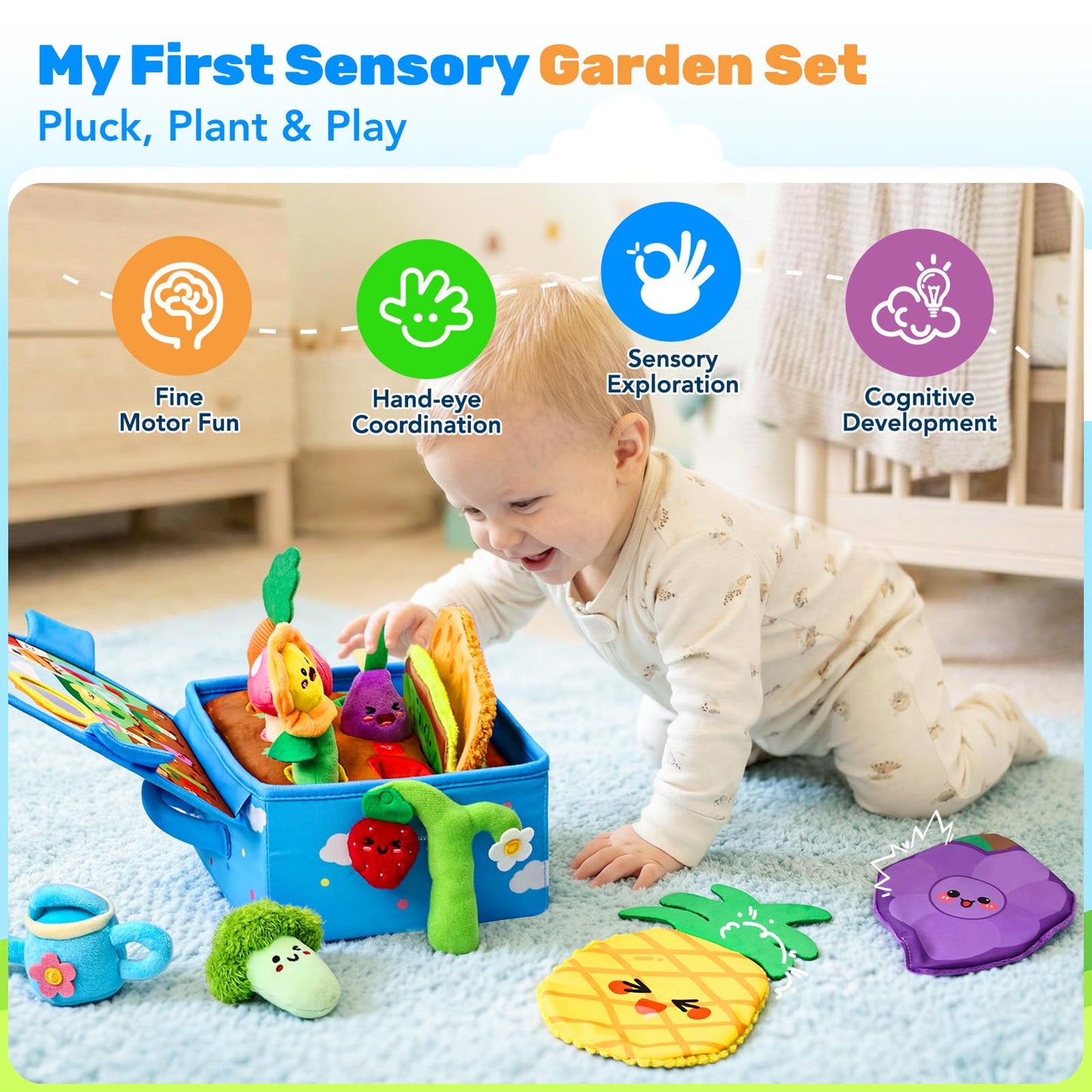 Esjay Montessori Sensory Garden Plush Set and Busy Board, Developmental Learning Toys with Rattle Squeaker Mirror Texture Tissue, Grey Dinosaur