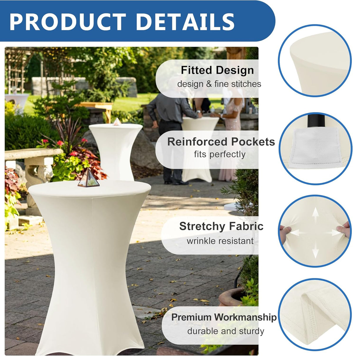 Cocktail Table Covers-Spandex Round High Top Table Cloths 6 Pack 32x43 Inch-Cream Stretch Fitted Bar Tall Tablecloth for Pub Bistro Highboy Party Event Banquet Height Folding Satnding Tables