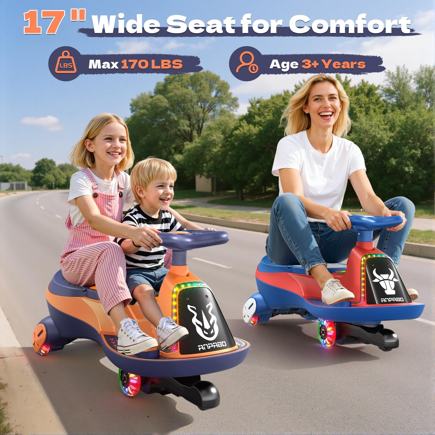 ANPABO 12V Electric Wiggle Car with Pedals, 2 Seater, 2x75W Motor, Music & Bluetooth, Ride On Toy for Kids Ages 3+, 170 Lbs, Orange