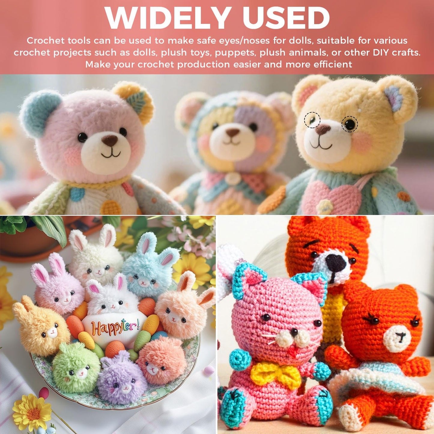 Safety Eye Tool Set with 10–30mm Sizer, Ergonomic Non-Slip Handle, 1150pcs Safety Eyes and Noses Kit for Crochet Amigurumi Dolls and Stuffed Animals, Includes Measuring Ruler and Installing Tool