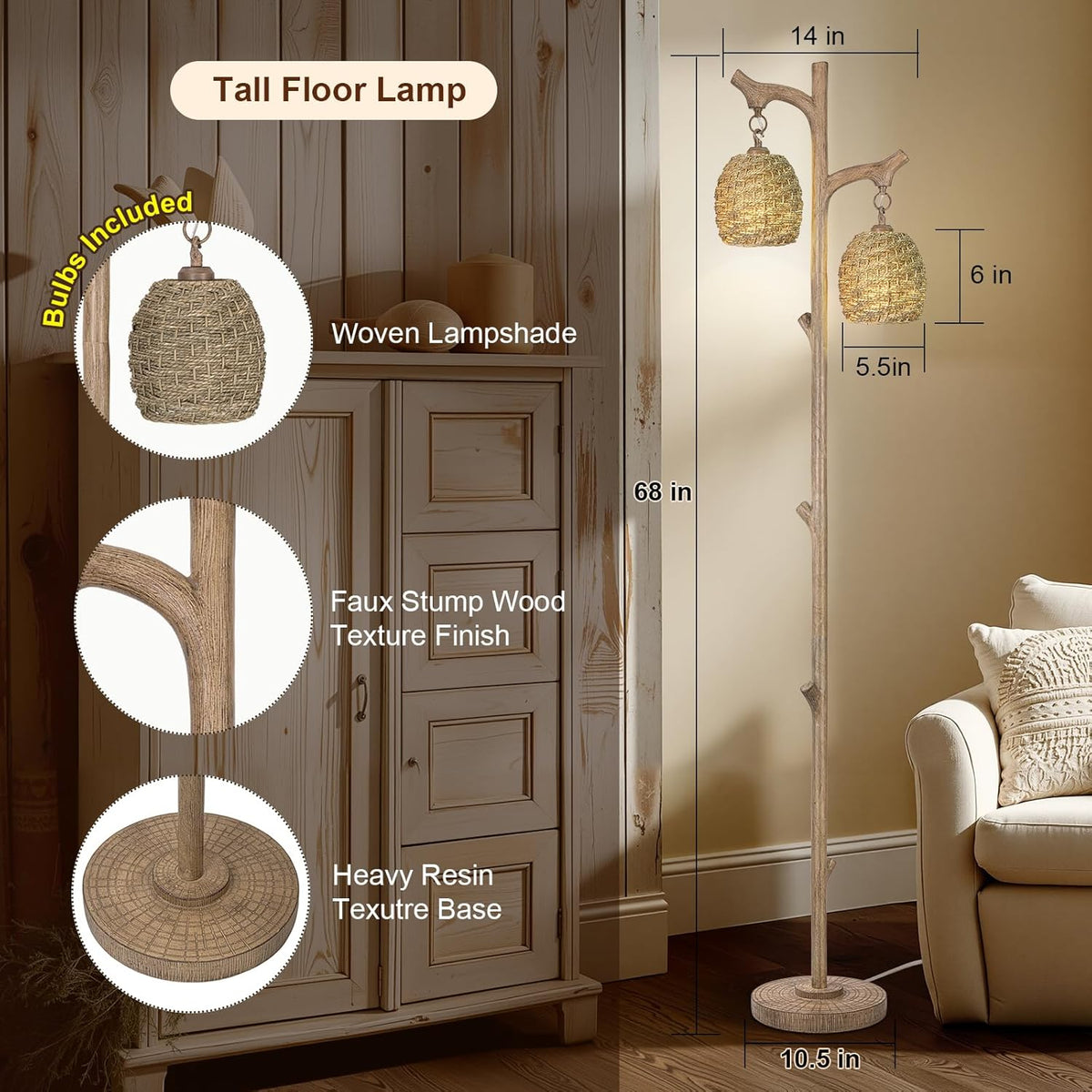 Scenekoy Vintage 68” Tall Floor Lamp with Straw Rope Woven Shade, Retro Resin Standing Lamp Tree Trunk Finish, Dimmable Corner Lamp Stand Up Light with Bulb Prefer for Living Room Bedroom Home Decor