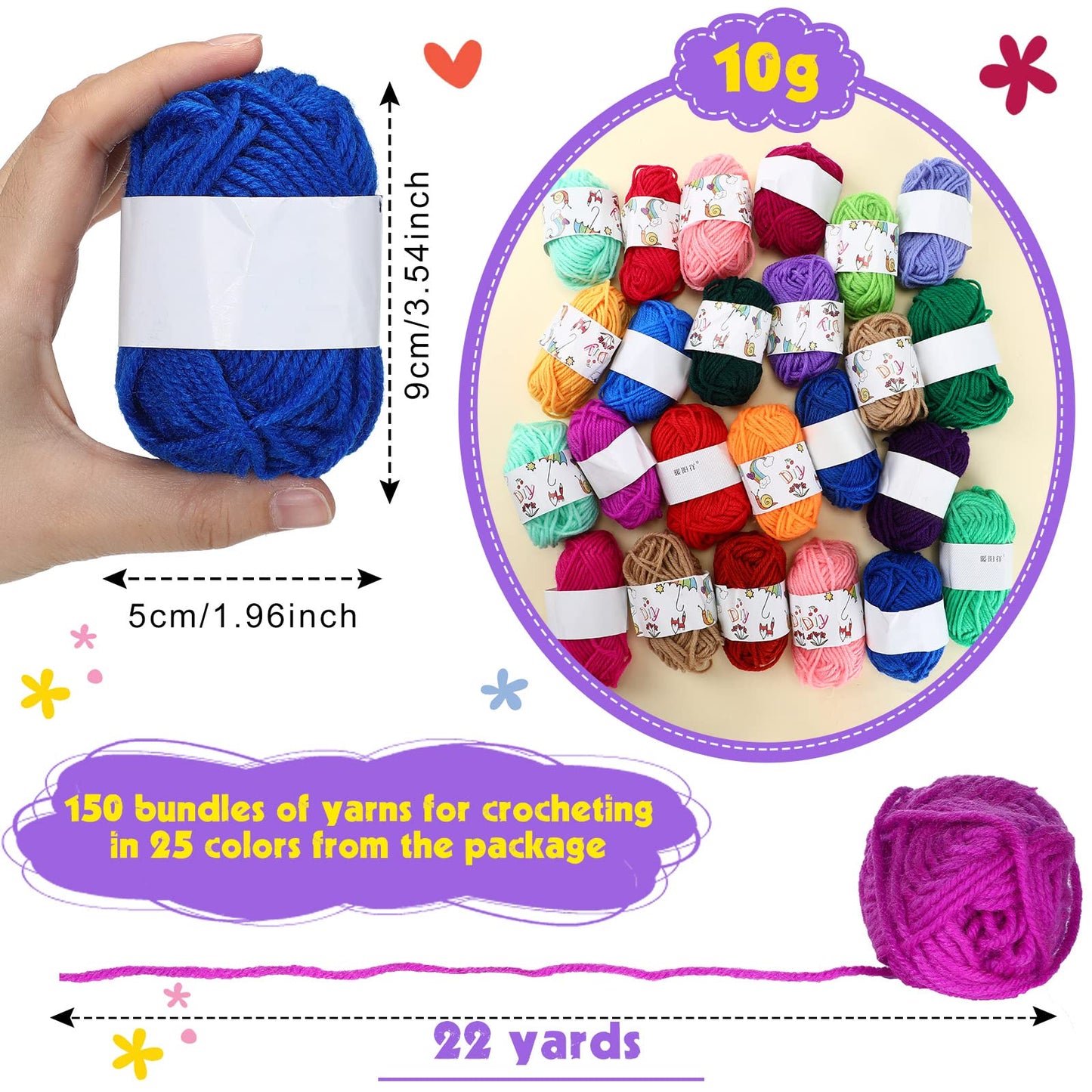 Nuogo 150 Rolls 3300 Yards Acrylic Crochet Yarn Bulk 53 Oz/ 1500 g Knitting Acrylic Yarn Skeins Soft Mini Soft Crochet Skeins Multicolor for Knitting Handcraft Weaving Projecting Kit(Mixed Colors)