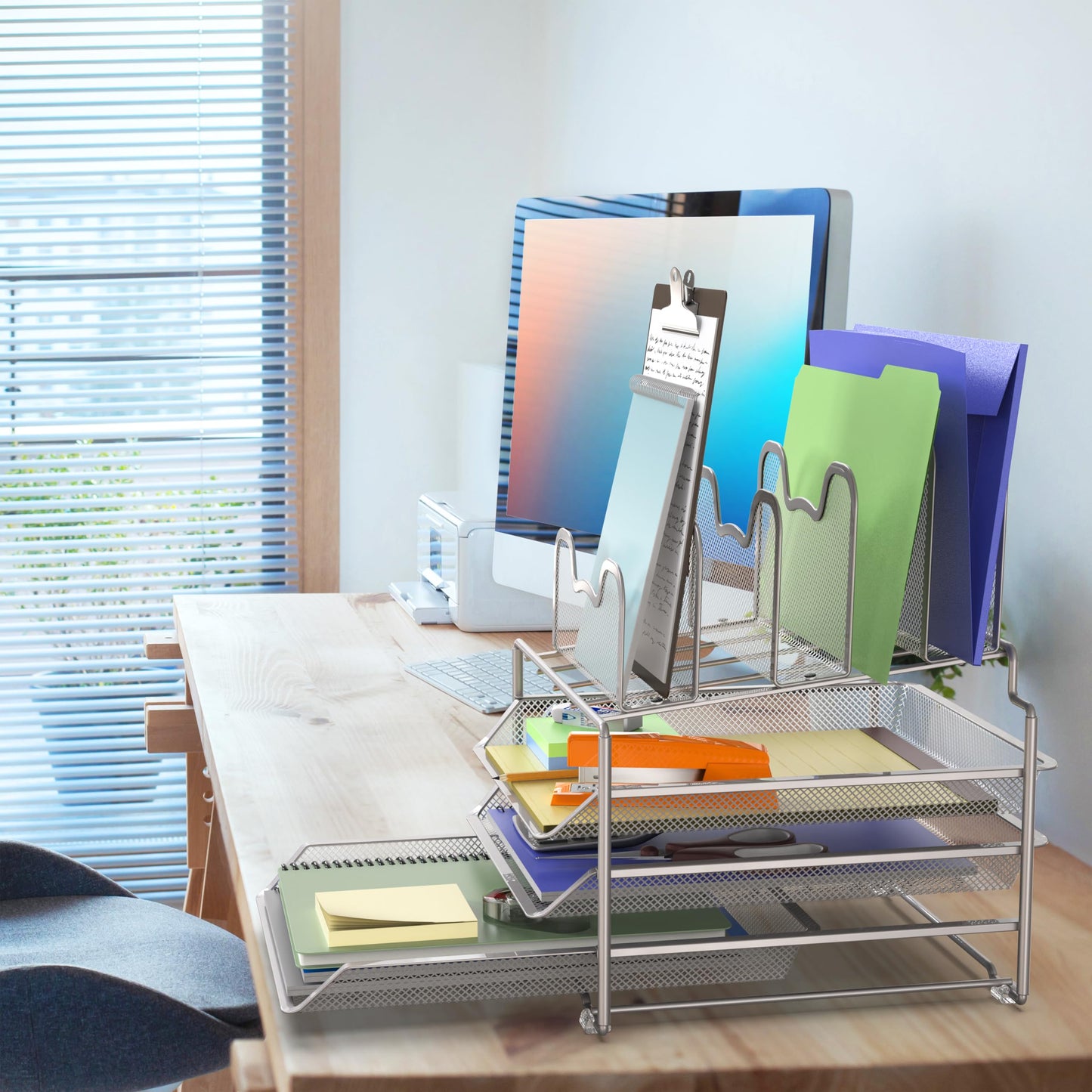 Simple Houseware Desk Organizer with 3 Sliding Tray and 5 Stacking Sections, Silver